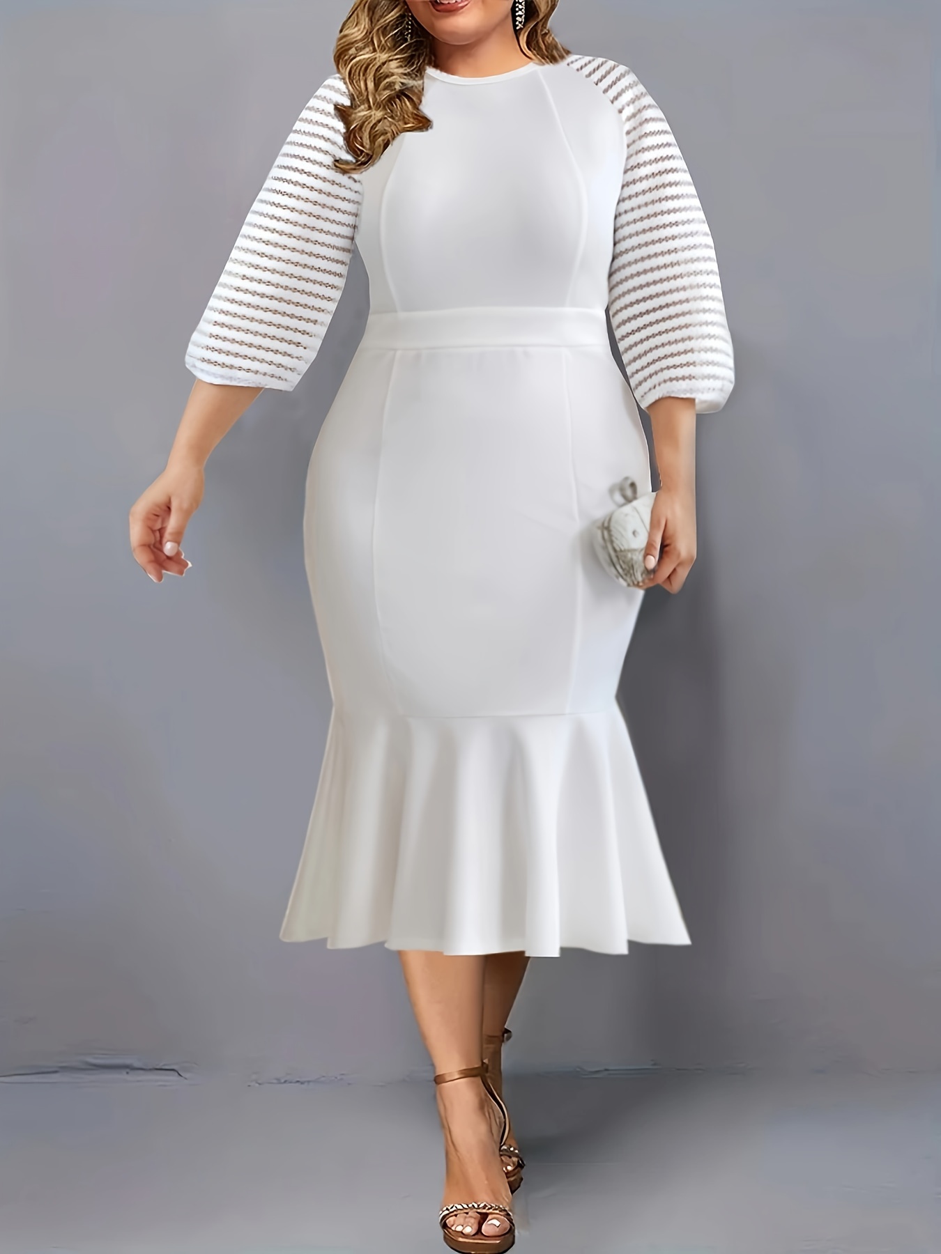 womens casual dress plus size solid contrast lace half sleeve round neck mermaid dress details 5