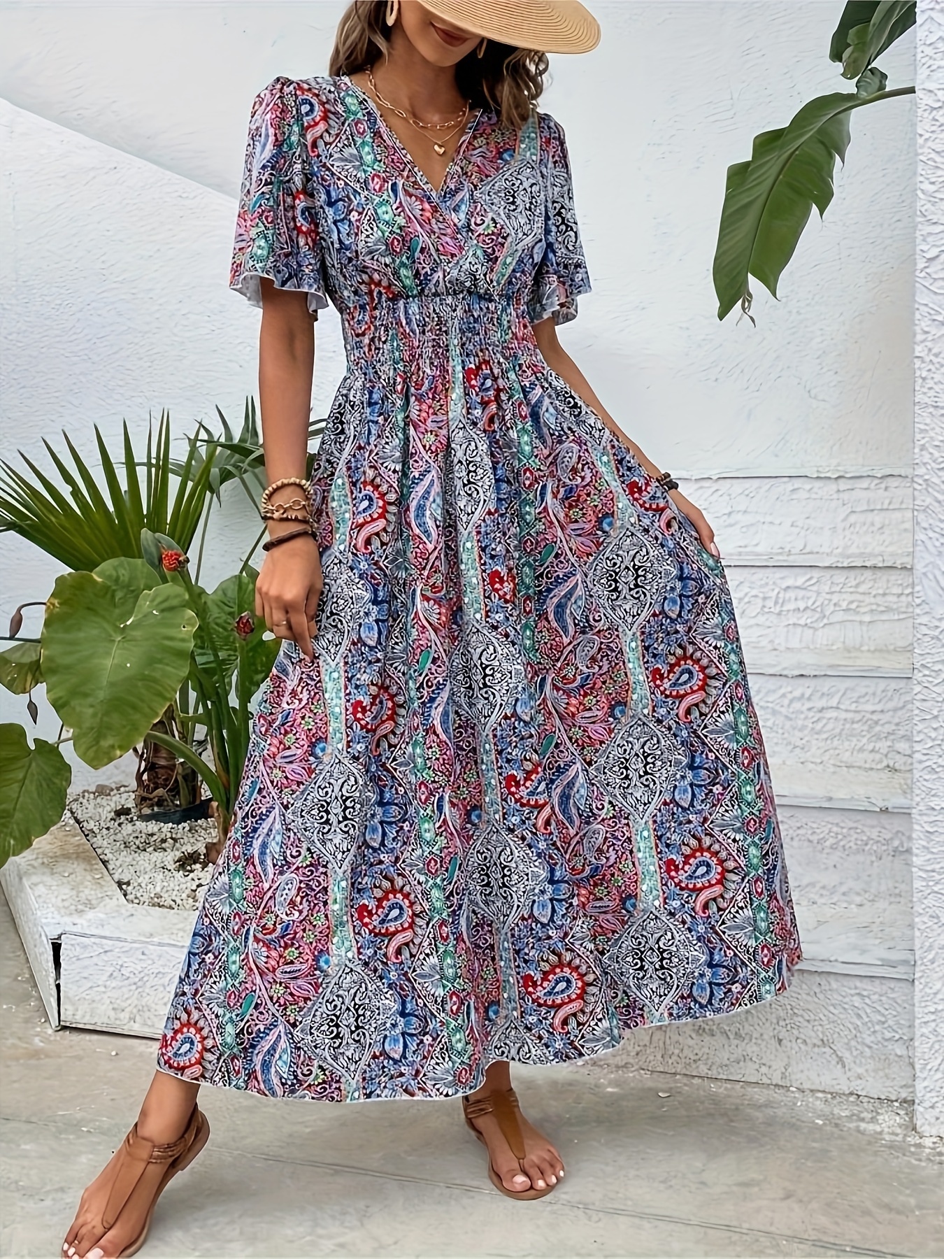 plus size ethnic floral print shirred waist dress casual short sleeve dress for spring summer womens plus size clothing details 0