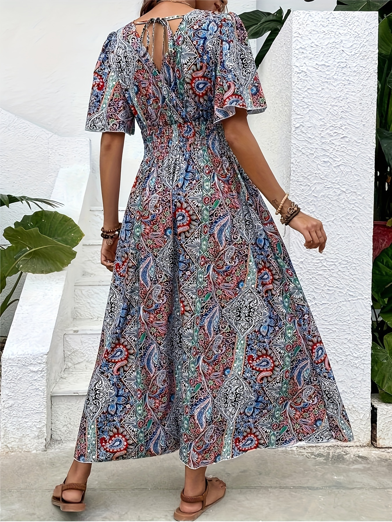 plus size ethnic floral print shirred waist dress casual short sleeve dress for spring summer womens plus size clothing details 2