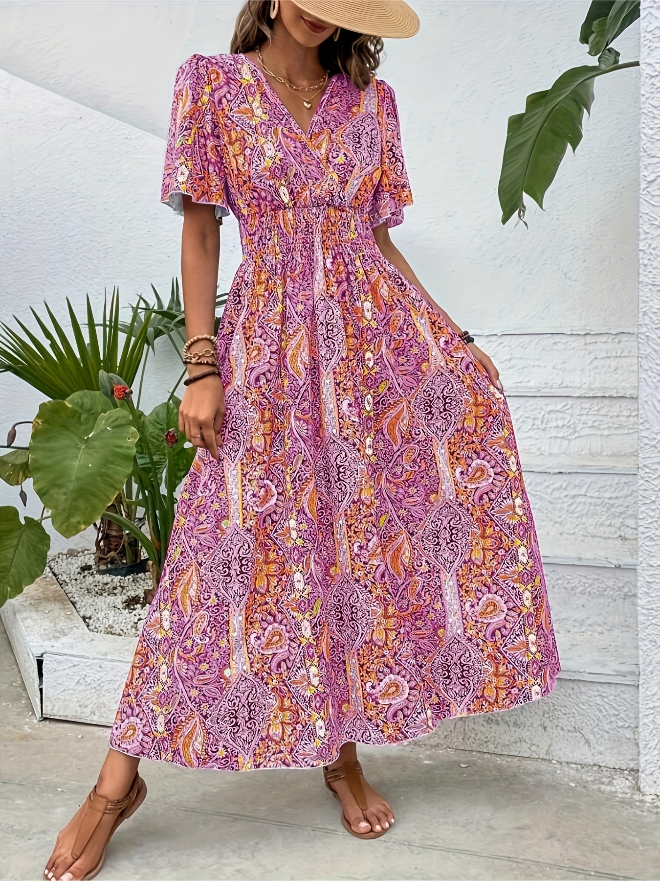 plus size ethnic floral print shirred waist dress casual short sleeve dress for spring summer womens plus size clothing details 5