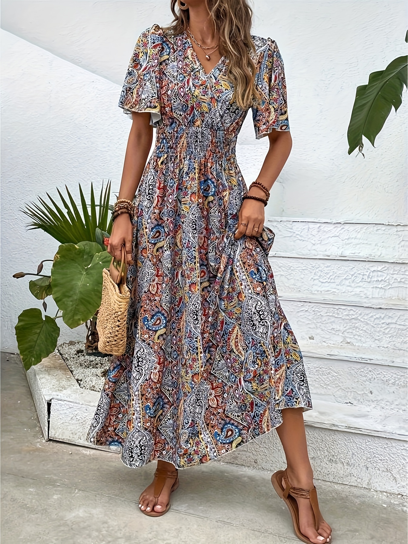 plus size ethnic floral print shirred waist dress casual short sleeve dress for spring summer womens plus size clothing details 6