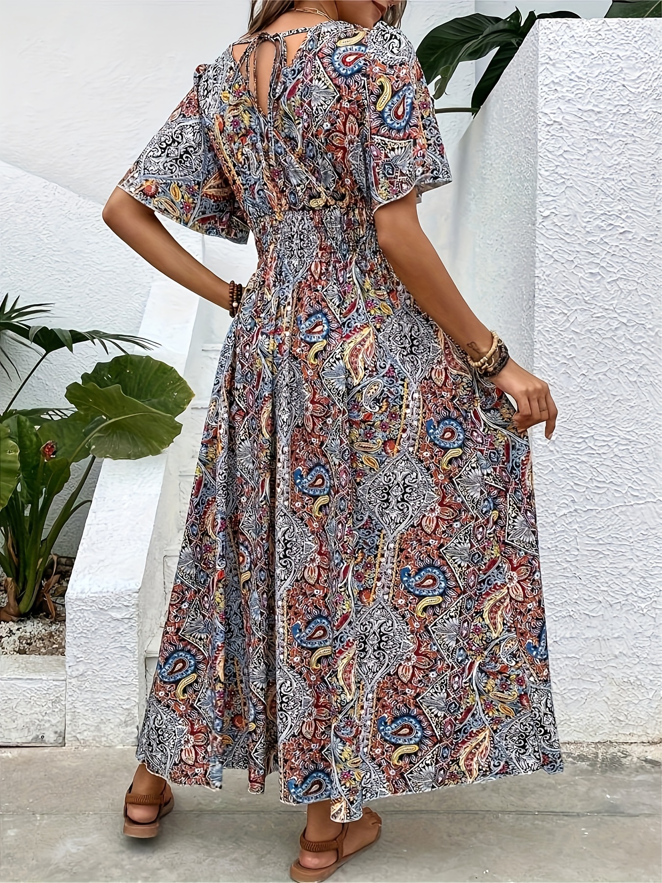 plus size ethnic floral print shirred waist dress casual short sleeve dress for spring summer womens plus size clothing details 8