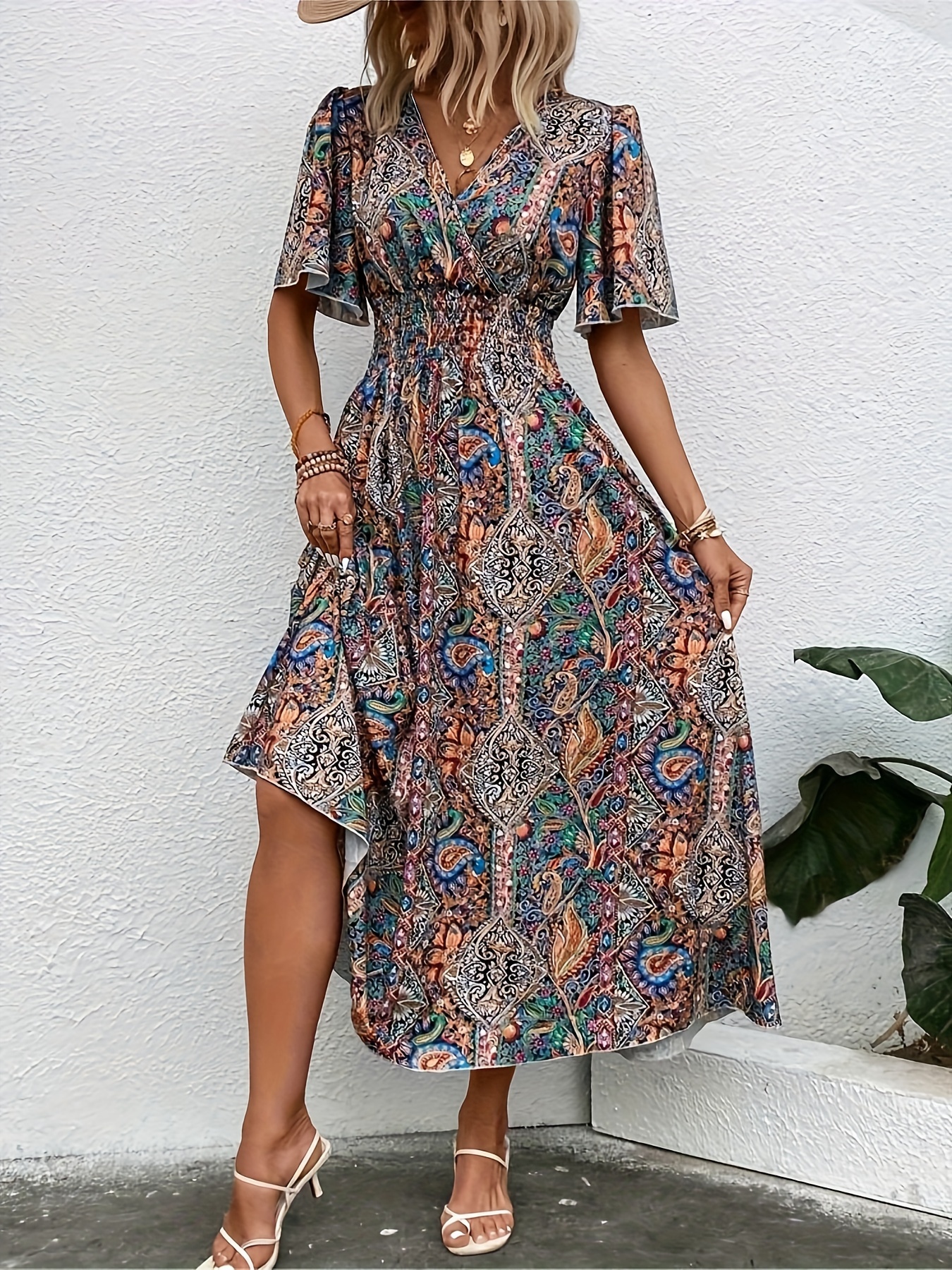 plus size ethnic floral print shirred waist dress casual short sleeve dress for spring summer womens plus size clothing details 14