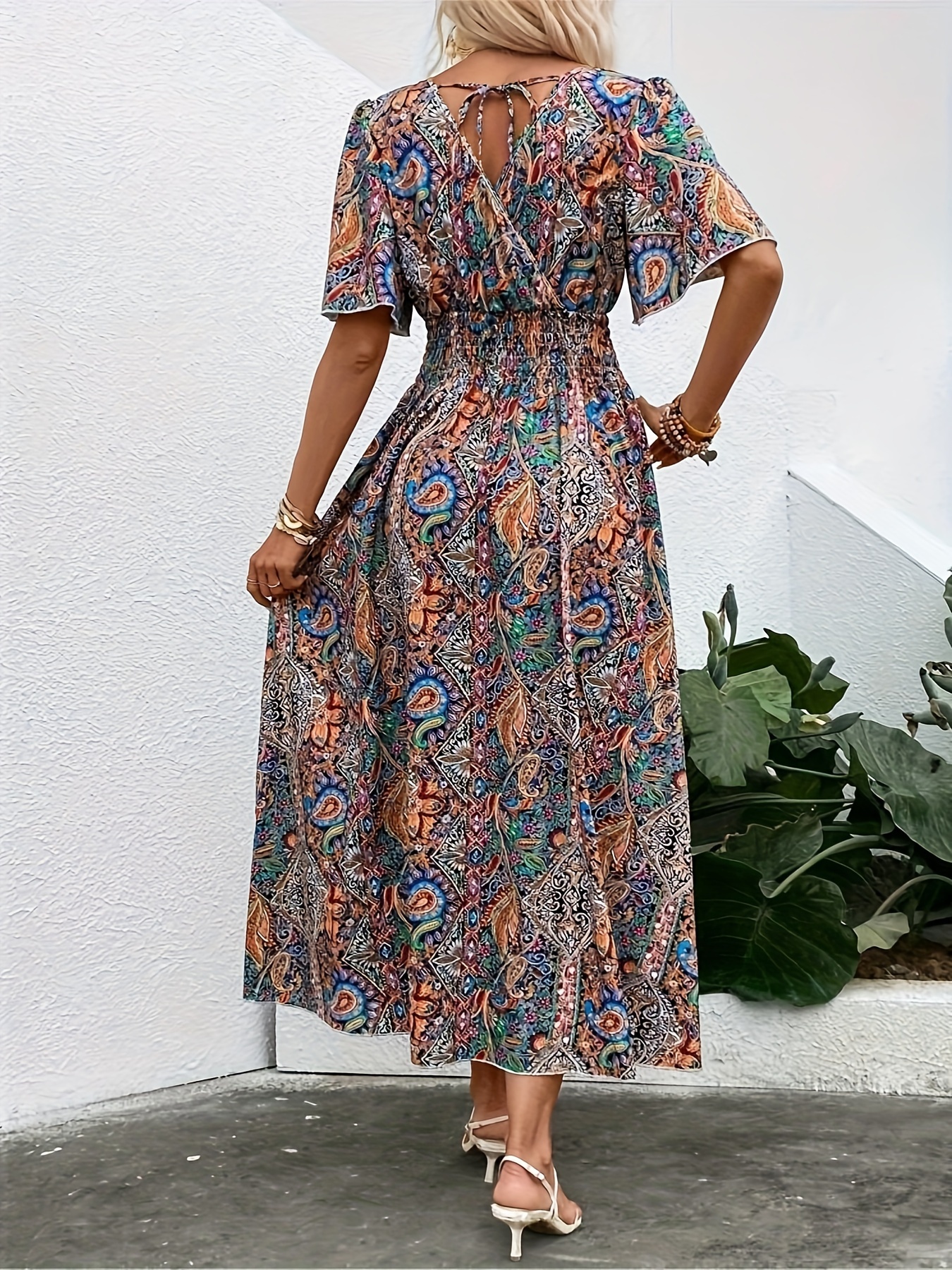 plus size ethnic floral print shirred waist dress casual short sleeve dress for spring summer womens plus size clothing details 15