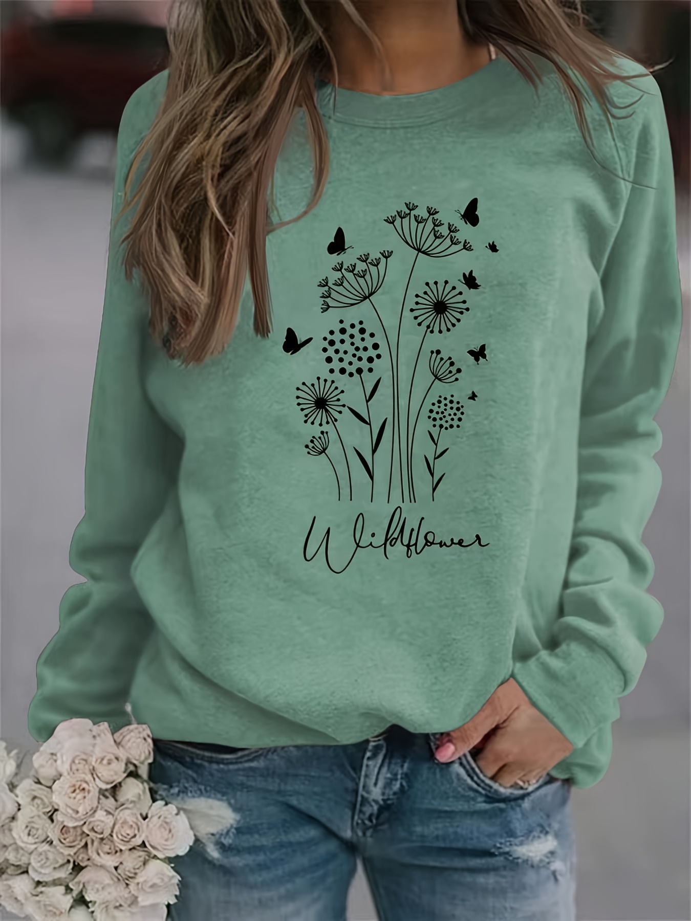 plus size casual sweatshirt womens plus floral letter print long sleeve round neck sweatshirt details 4