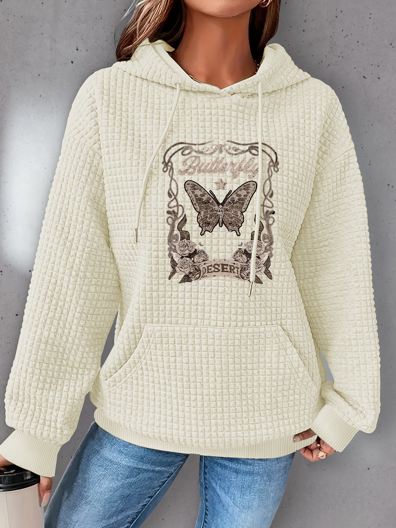 plus size butterfly print hoodie casual kangaroo pocket drawstring long sleeve hooded sweatshirt womens plus size clothing details 8