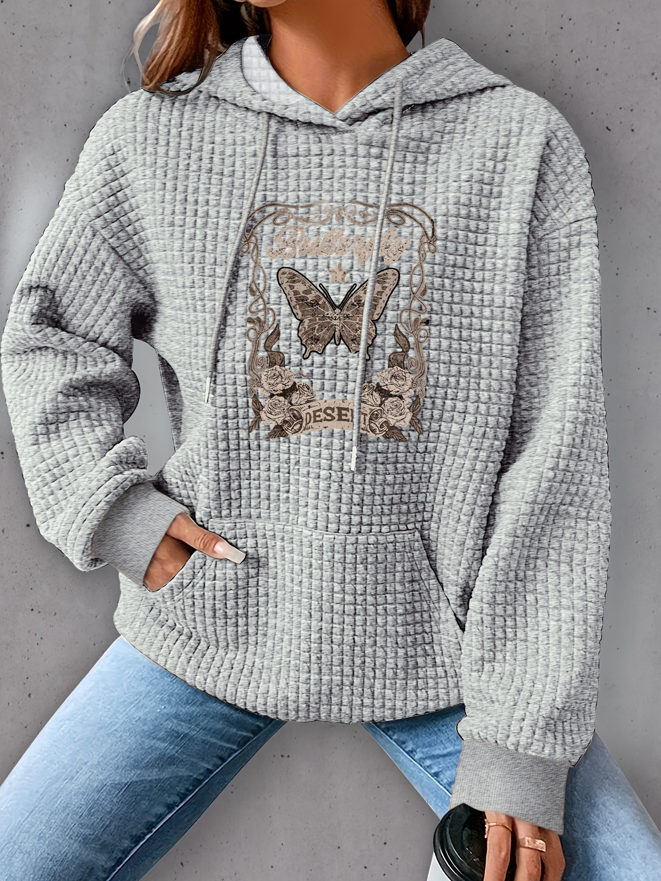 plus size butterfly print hoodie casual kangaroo pocket drawstring long sleeve hooded sweatshirt womens plus size clothing details 9