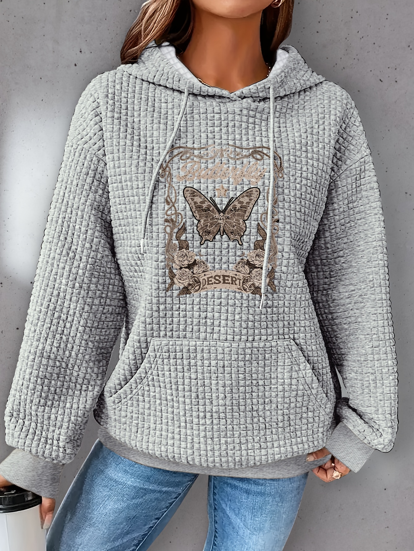 plus size butterfly print hoodie casual kangaroo pocket drawstring long sleeve hooded sweatshirt womens plus size clothing details 11