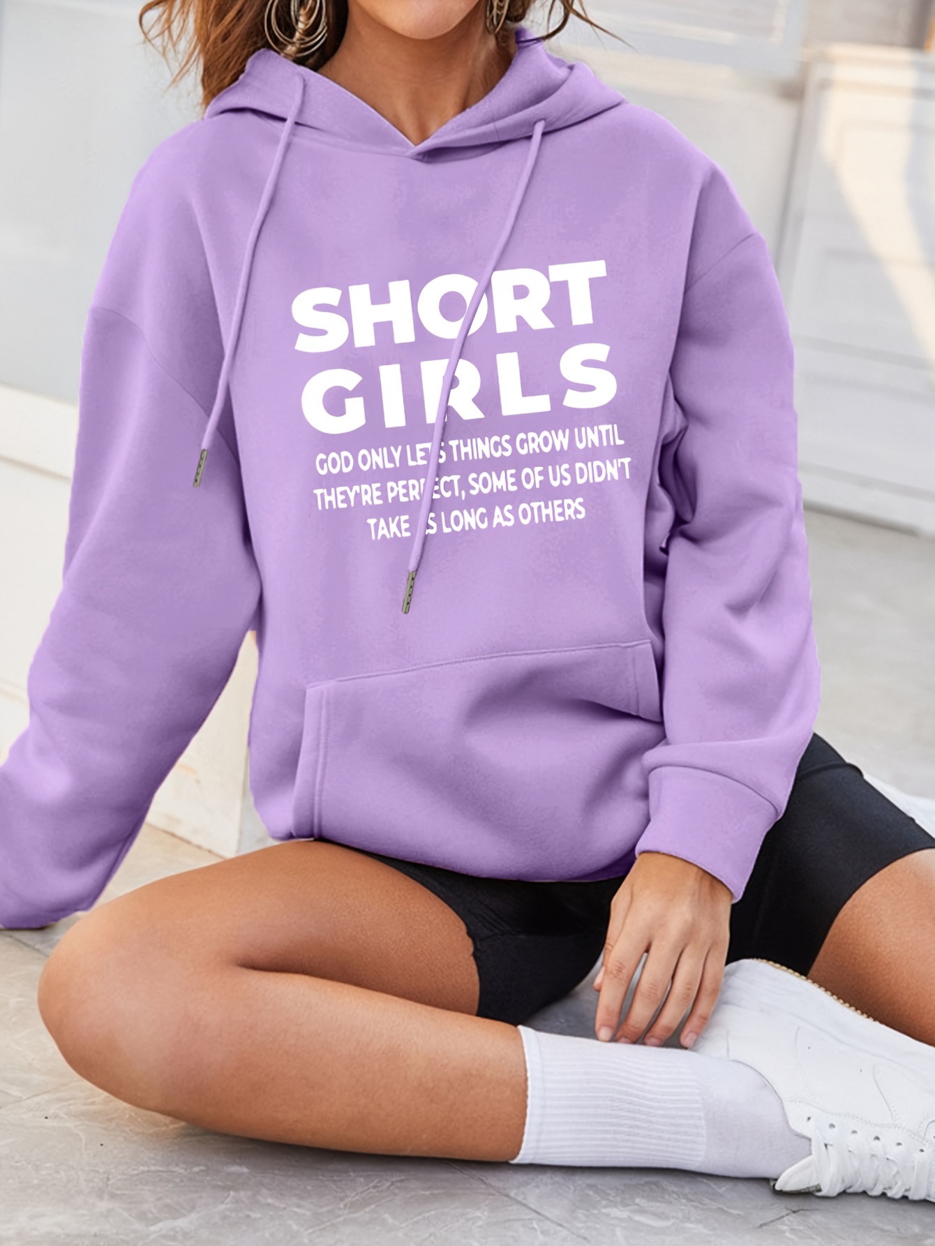 plus size casual sweatshirt womens plus slogan print long sleeve drawstring hooded sweatshirt with pockets details 0