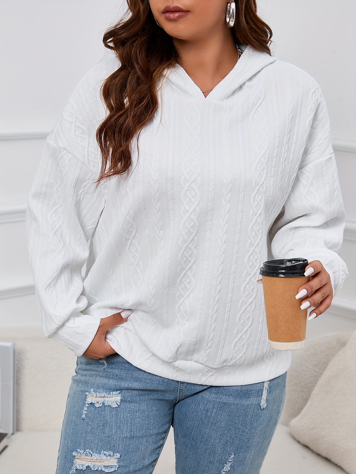 plus size casual sweatshirt womens plus solid cable textured long sleeve drop shoulder hoodie details 0