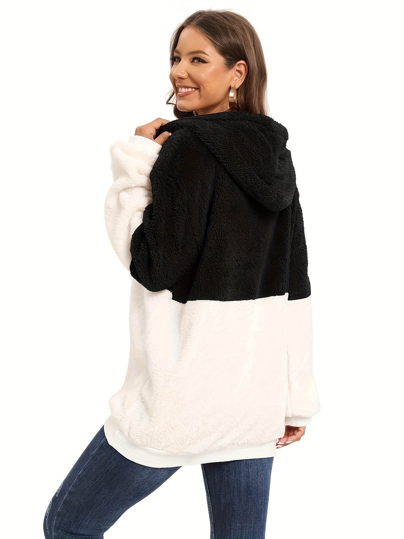 plus size color block fuzzy drawstring hoodie casual zipper front loose warm sweatshirt for fall winter womens plus size clothing details 11