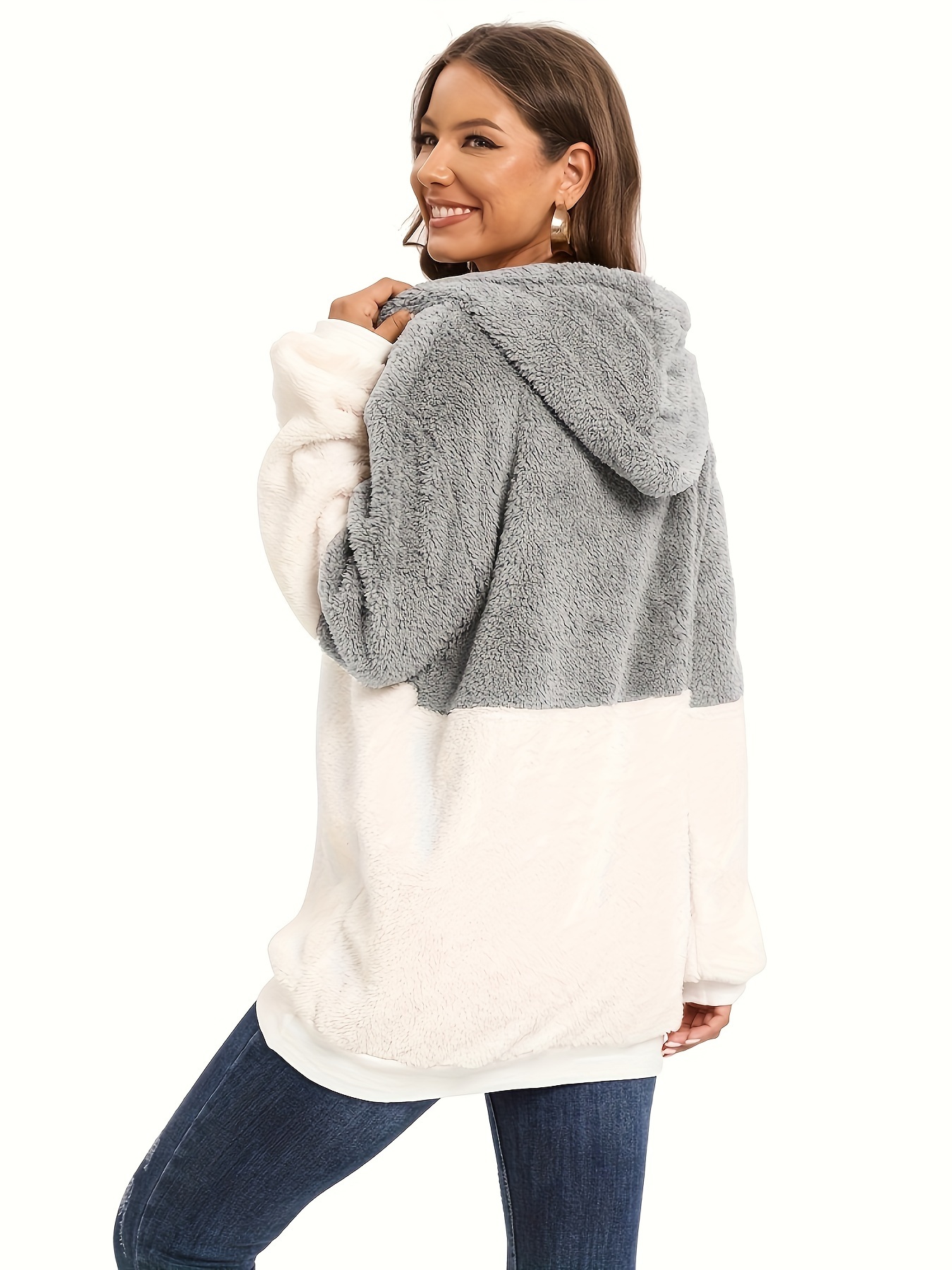 plus size color block fuzzy drawstring hoodie casual zipper front loose warm sweatshirt for fall winter womens plus size clothing details 15