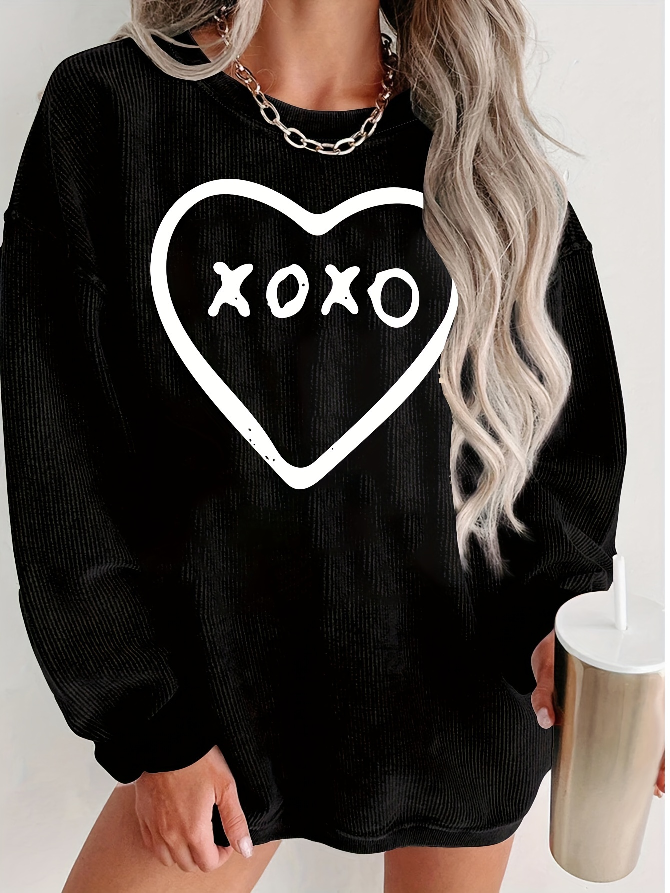 Plus Size Heart Print Sweatshirt, Casual Crew Neck Long Sleeve Pullover Sweatshirt For Fall & Spring, Women s Plus Size Clothing details 0