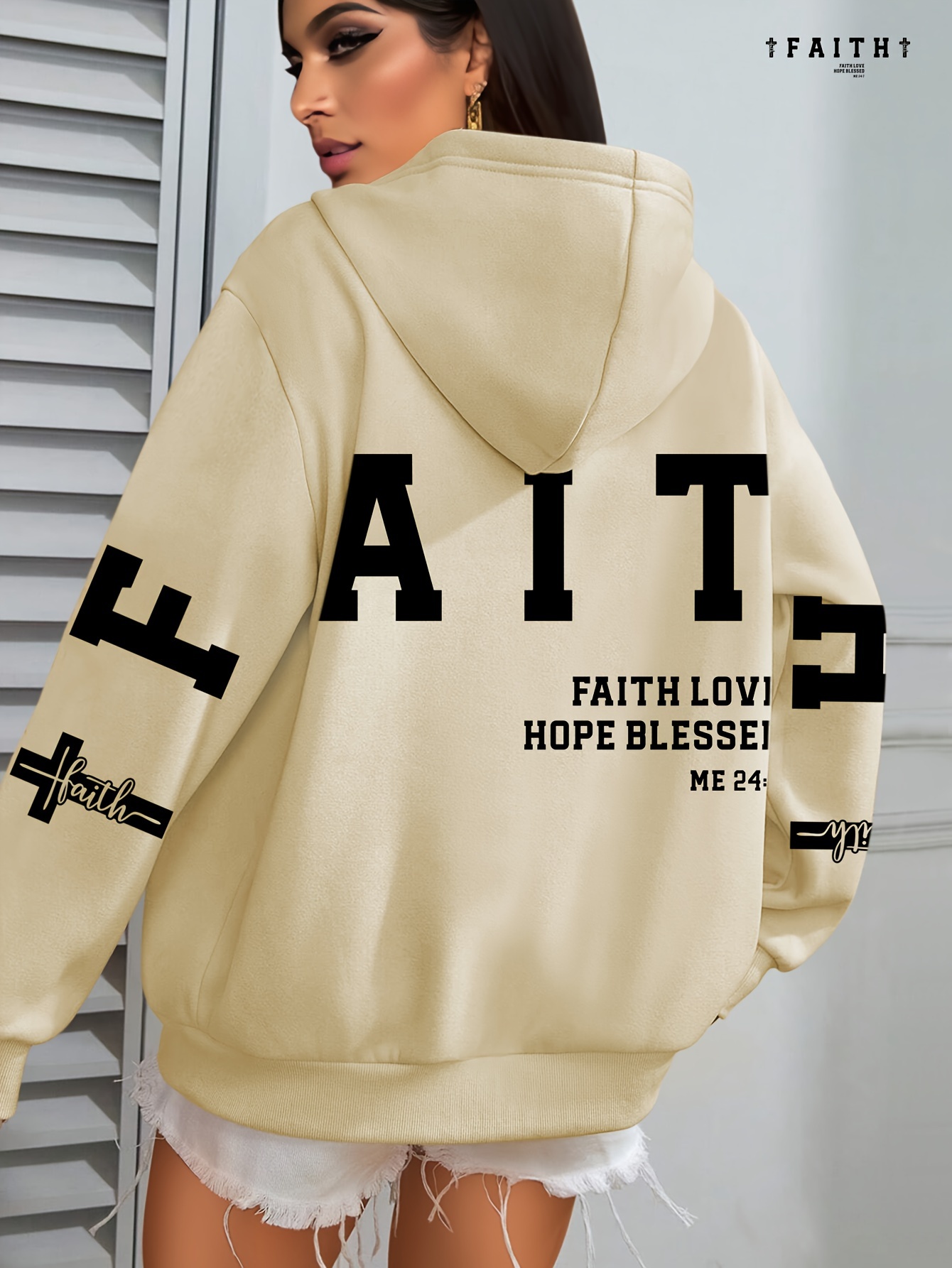 Plus Size FAITH Print Kangaroo Pocket Hoodie, Casual Long Sleeve Drawstring Hoodies Sweatshirt For Spring & Fall, Women s Plus Size Clothing details 0