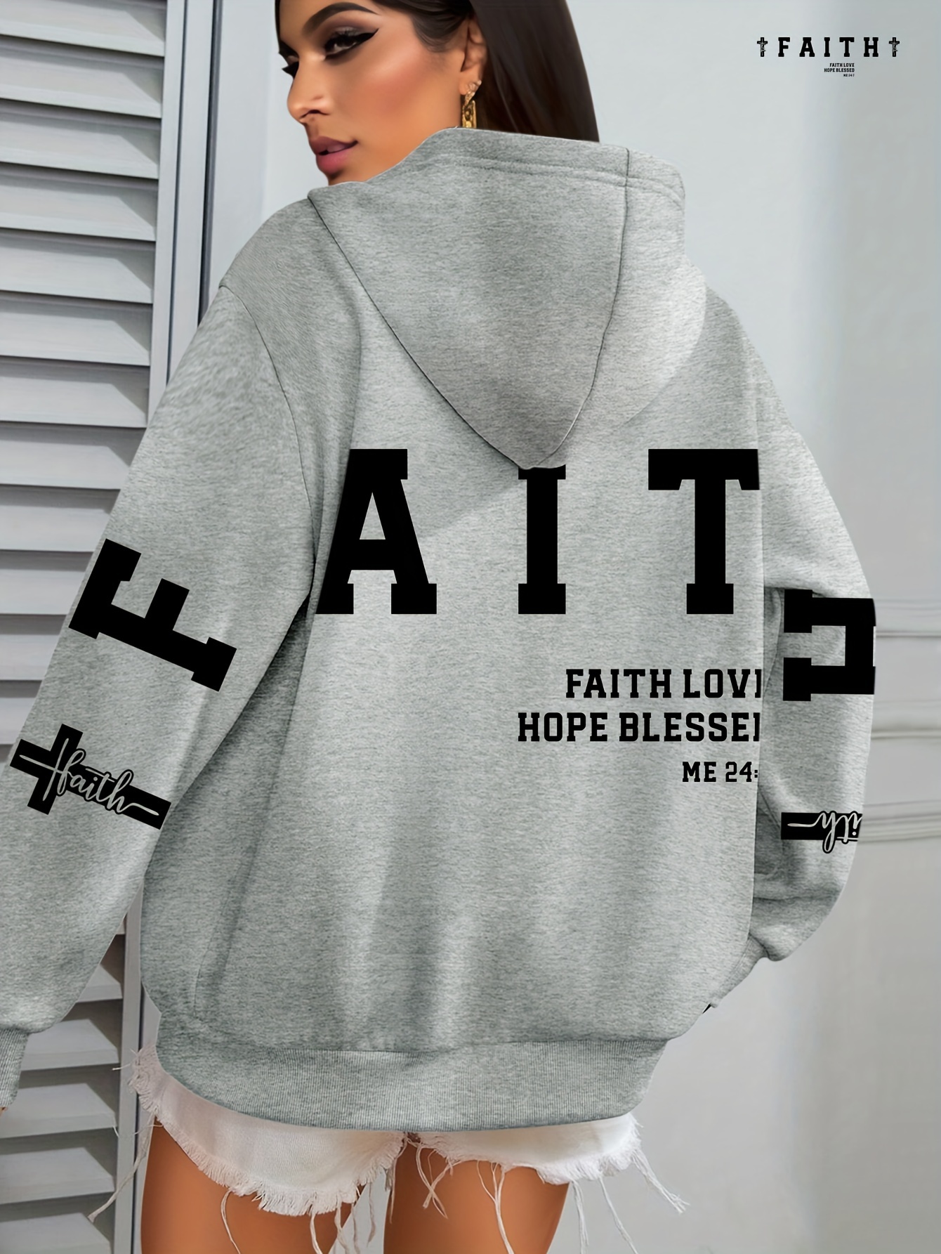 Plus Size FAITH Print Kangaroo Pocket Hoodie, Casual Long Sleeve Drawstring Hoodies Sweatshirt For Spring & Fall, Women s Plus Size Clothing details 4