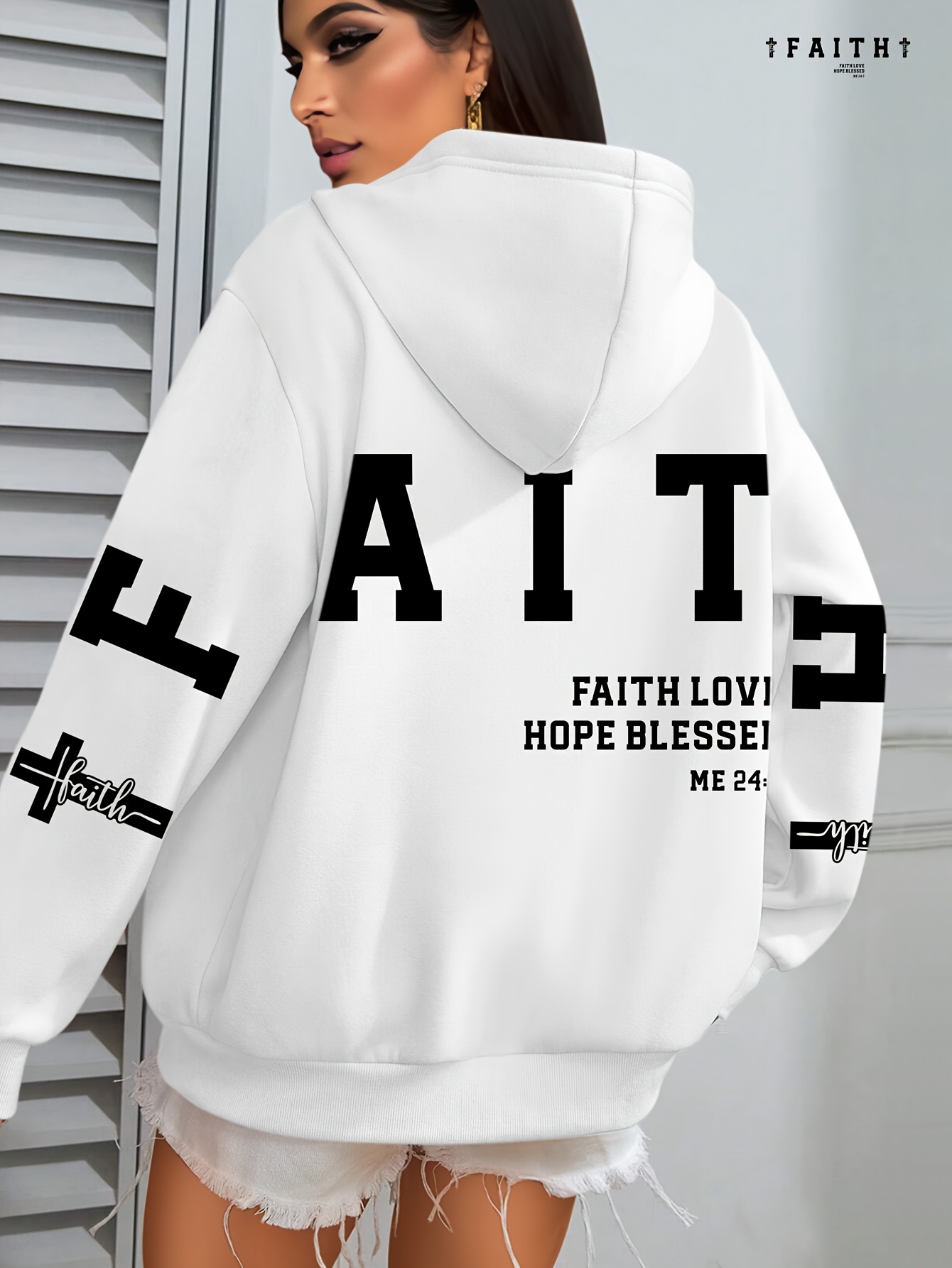 Plus Size FAITH Print Kangaroo Pocket Hoodie, Casual Long Sleeve Drawstring Hoodies Sweatshirt For Spring & Fall, Women s Plus Size Clothing details 8