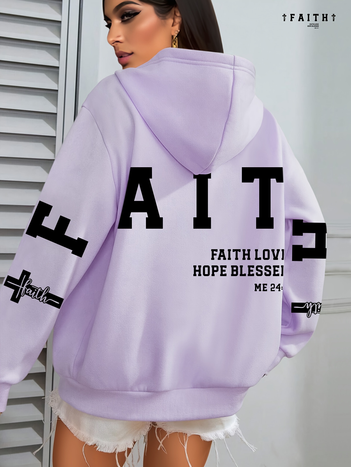 Plus Size FAITH Print Kangaroo Pocket Hoodie, Casual Long Sleeve Drawstring Hoodies Sweatshirt For Spring & Fall, Women s Plus Size Clothing details 12