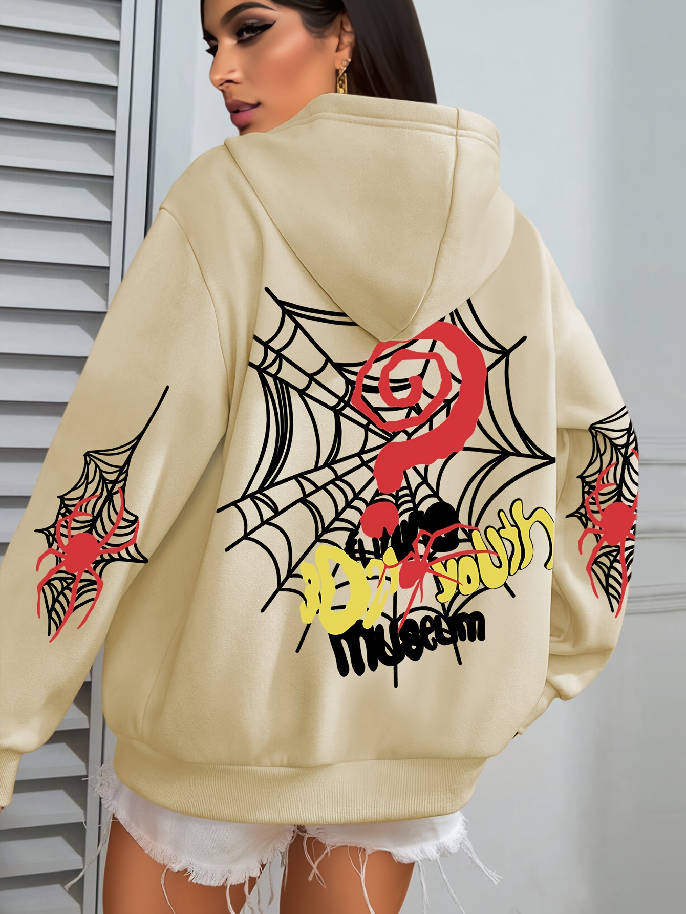 Plus Size Spider Web Print Kangaroo Pocket Hoodie, Casual Long Sleeve Drawstring Hoodies Sweatshirt For Spring & Fall, Women s Plus Size Clothing details 0