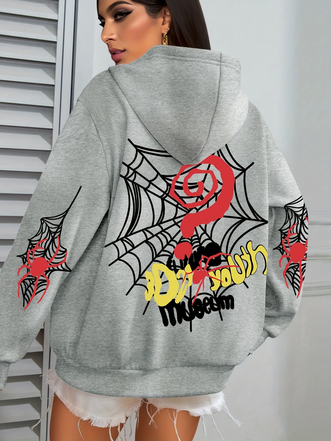 Plus Size Spider Web Print Kangaroo Pocket Hoodie, Casual Long Sleeve Drawstring Hoodies Sweatshirt For Spring & Fall, Women s Plus Size Clothing details 4