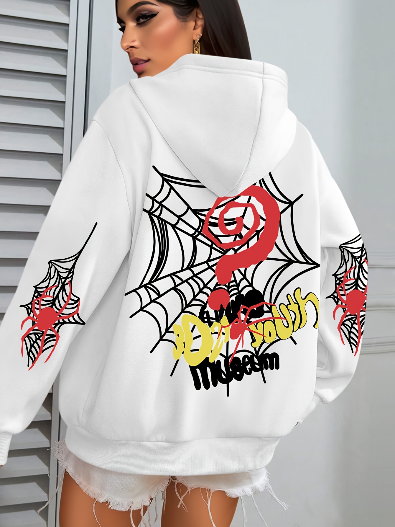 Plus Size Spider Web Print Kangaroo Pocket Hoodie, Casual Long Sleeve Drawstring Hoodies Sweatshirt For Spring & Fall, Women s Plus Size Clothing details 8