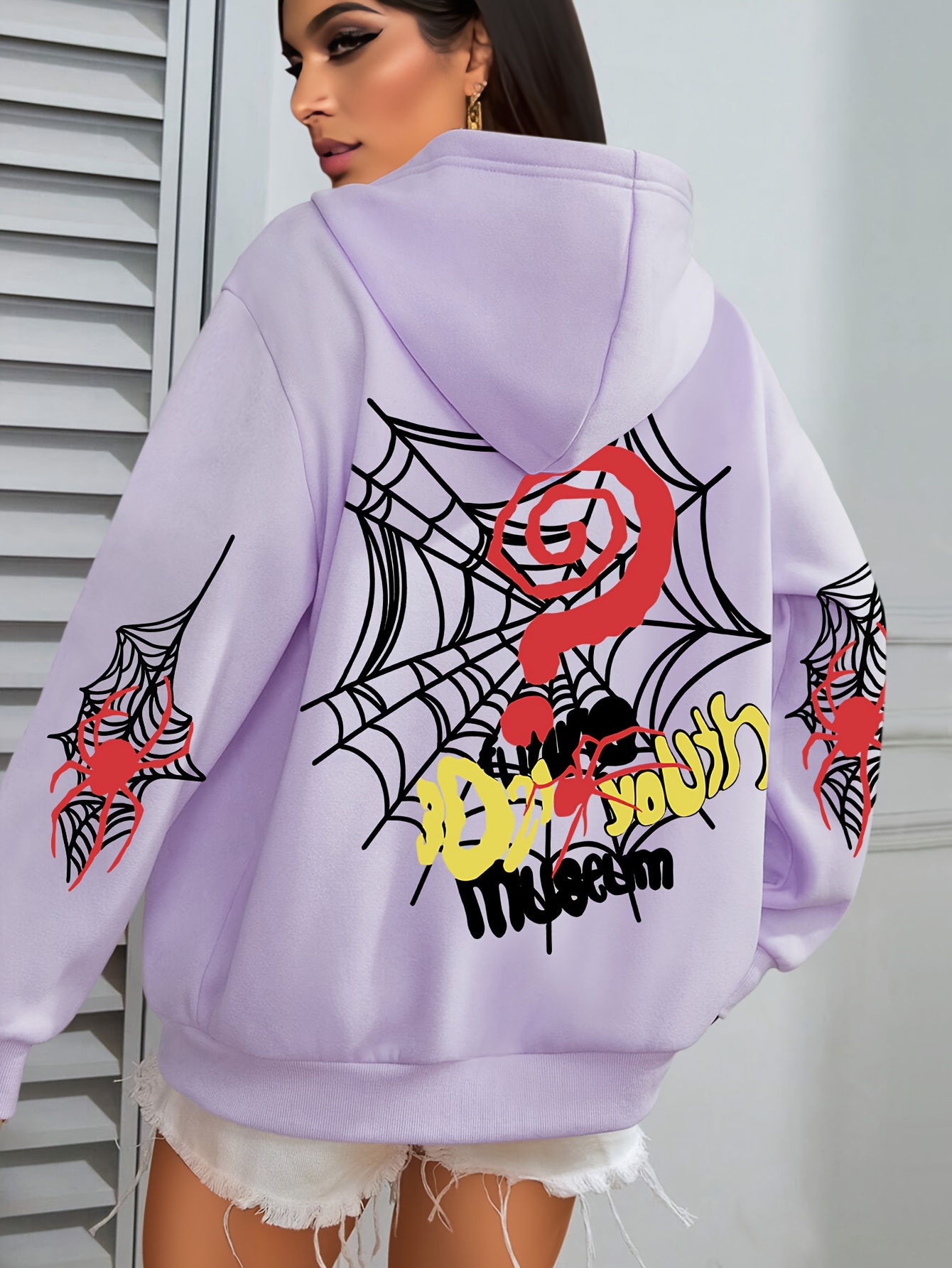 Plus Size Spider Web Print Kangaroo Pocket Hoodie, Casual Long Sleeve Drawstring Hoodies Sweatshirt For Spring & Fall, Women s Plus Size Clothing details 12