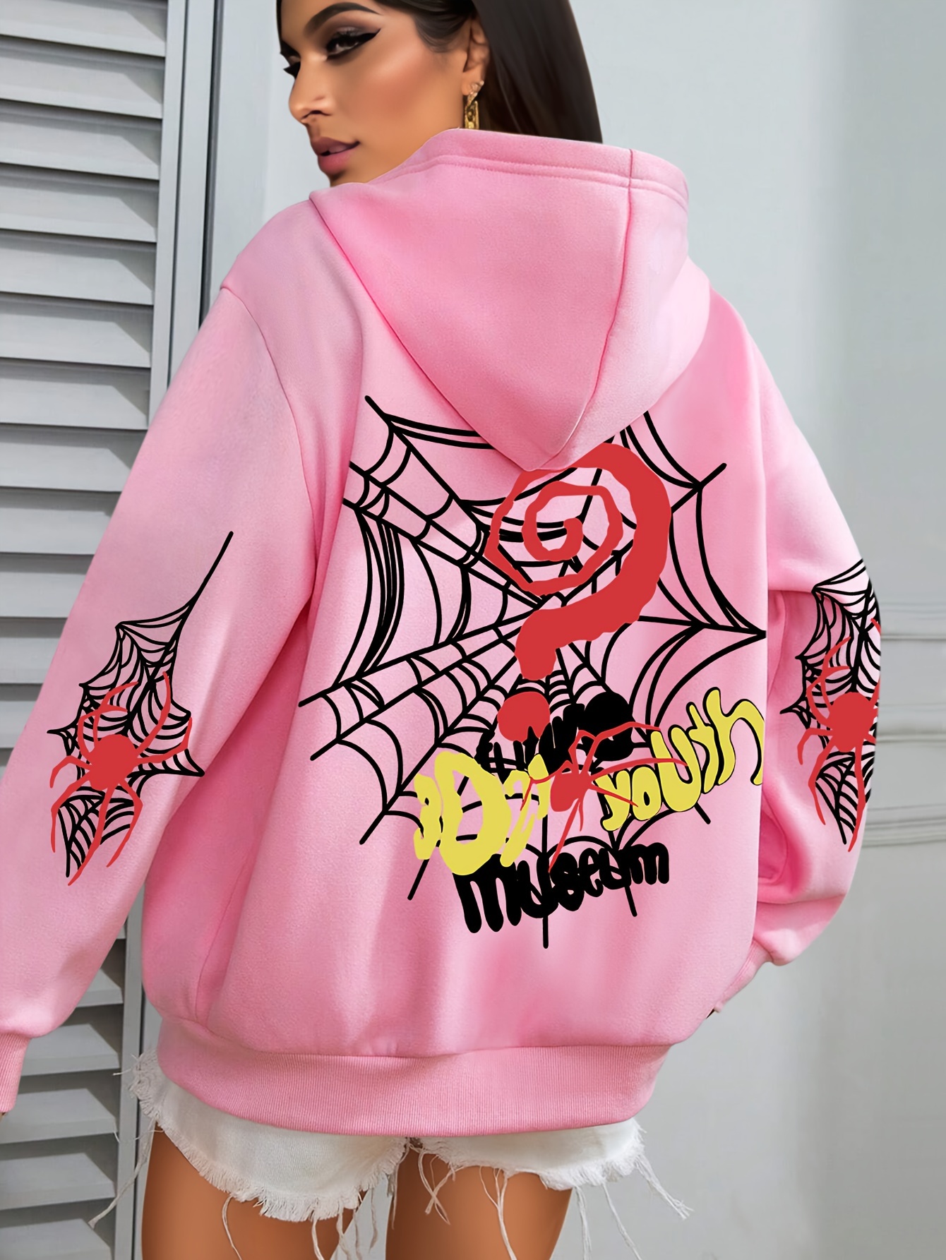 Plus Size Spider Web Print Kangaroo Pocket Hoodie, Casual Long Sleeve Drawstring Hoodies Sweatshirt For Spring & Fall, Women s Plus Size Clothing details 16