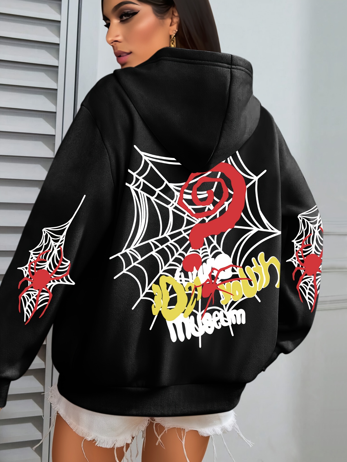 Plus Size Spider Web Print Kangaroo Pocket Hoodie, Casual Long Sleeve Drawstring Hoodies Sweatshirt For Spring & Fall, Women s Plus Size Clothing details 21