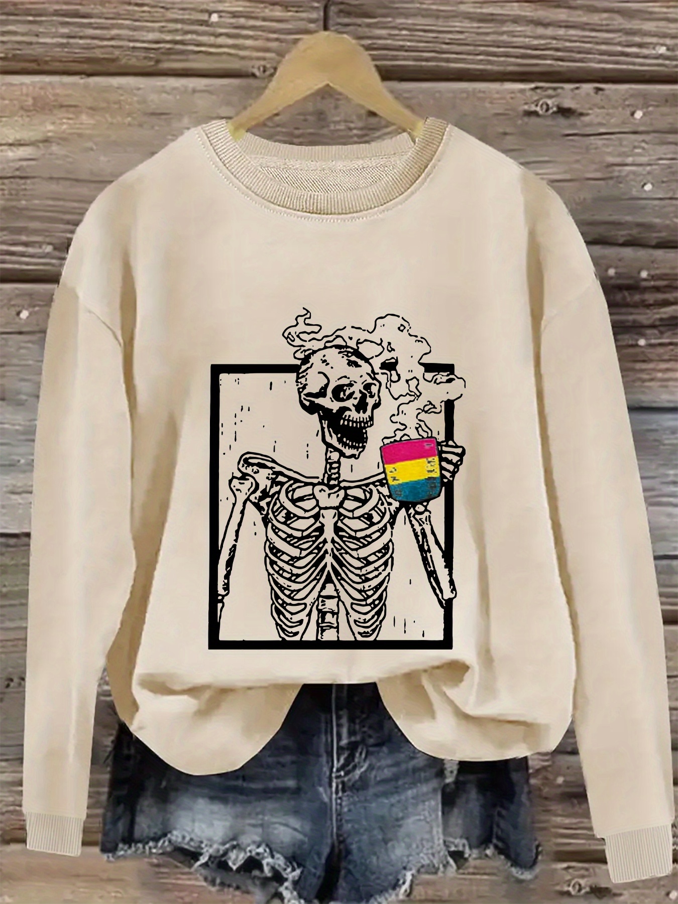 Plus Size Skeleton Print Sweatshirt, Casual Crew Neck Long Sleeve Pullover Sweatshirt, Women s Plus Size Clothing details 10