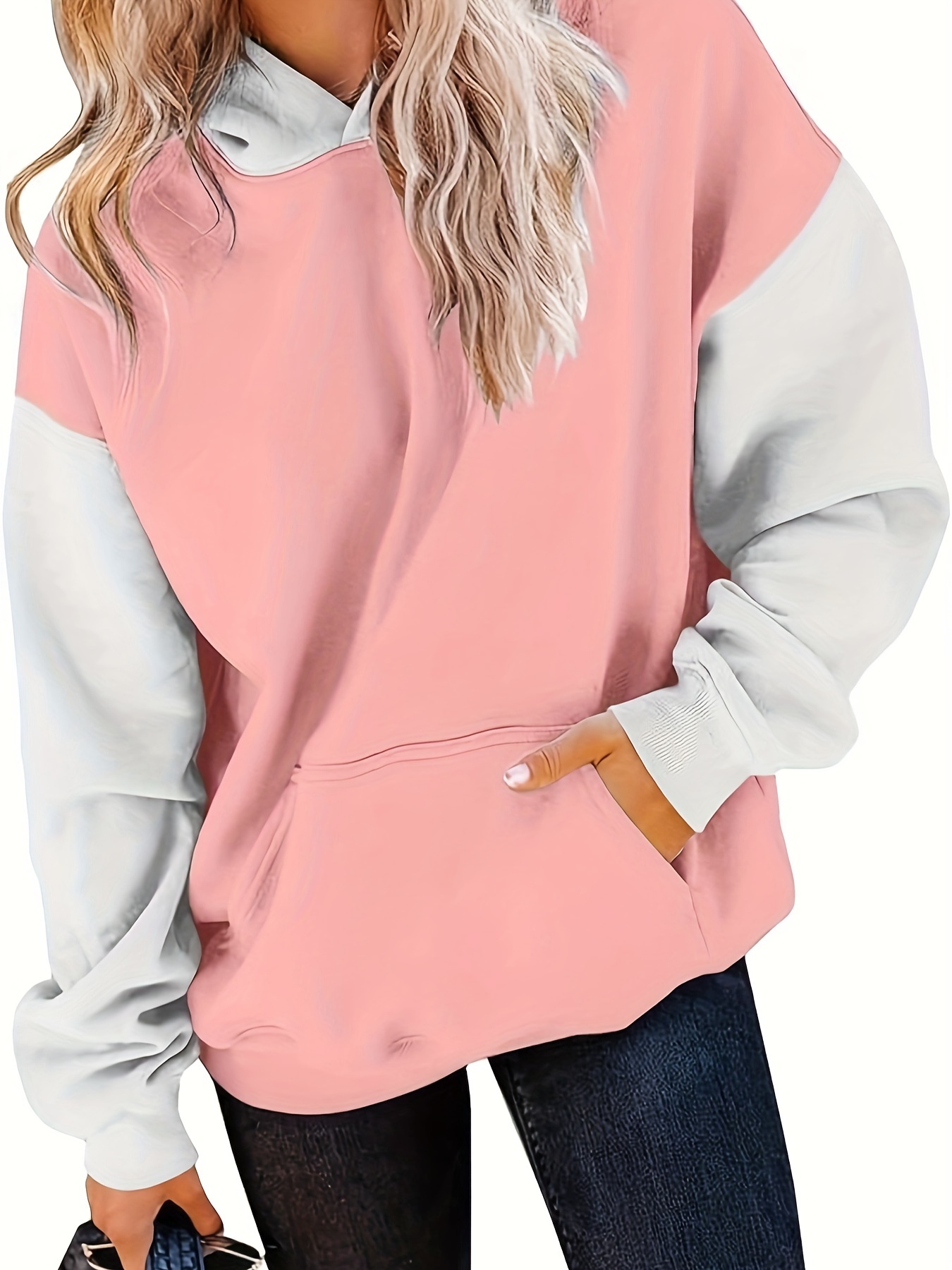 plus size colorblock kangaroo pocket hoodie casual long sleeve hooded sweatshirt womens plus size clothing details 1