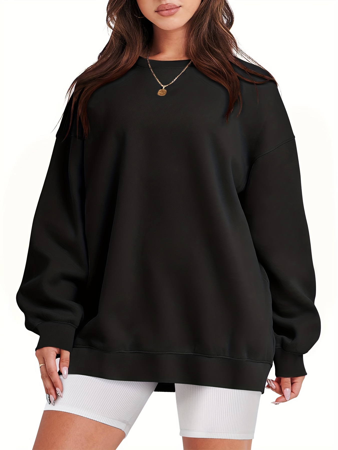 plus size basic sweatshirt womens plus solid long sleeve round neck pullover sweatshirt details 15