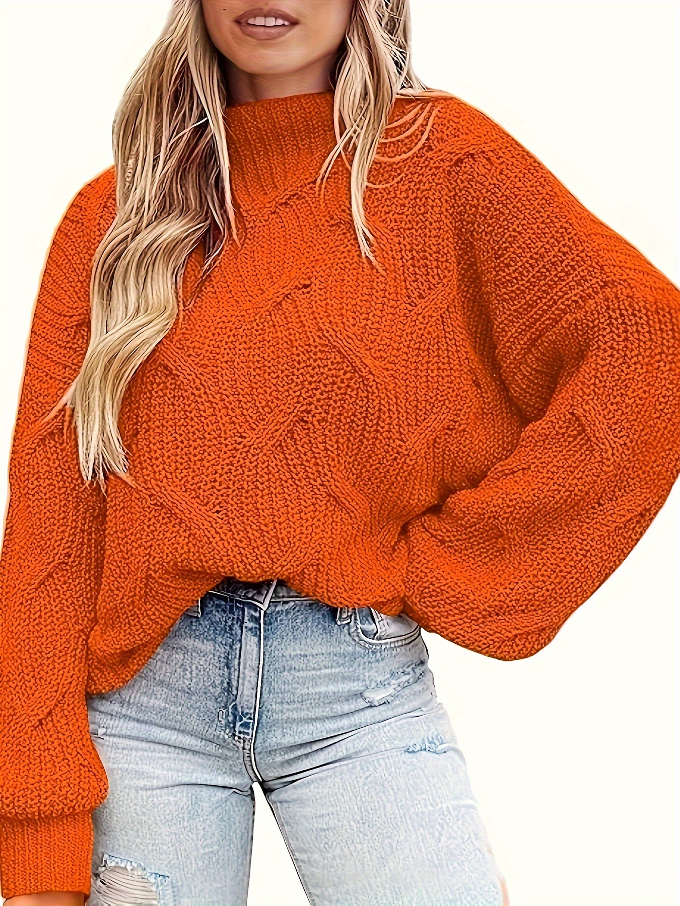 plus size solid color crew neck sweater casual lantern long sleeve sweater for fall winter womens plus size clothing details 2