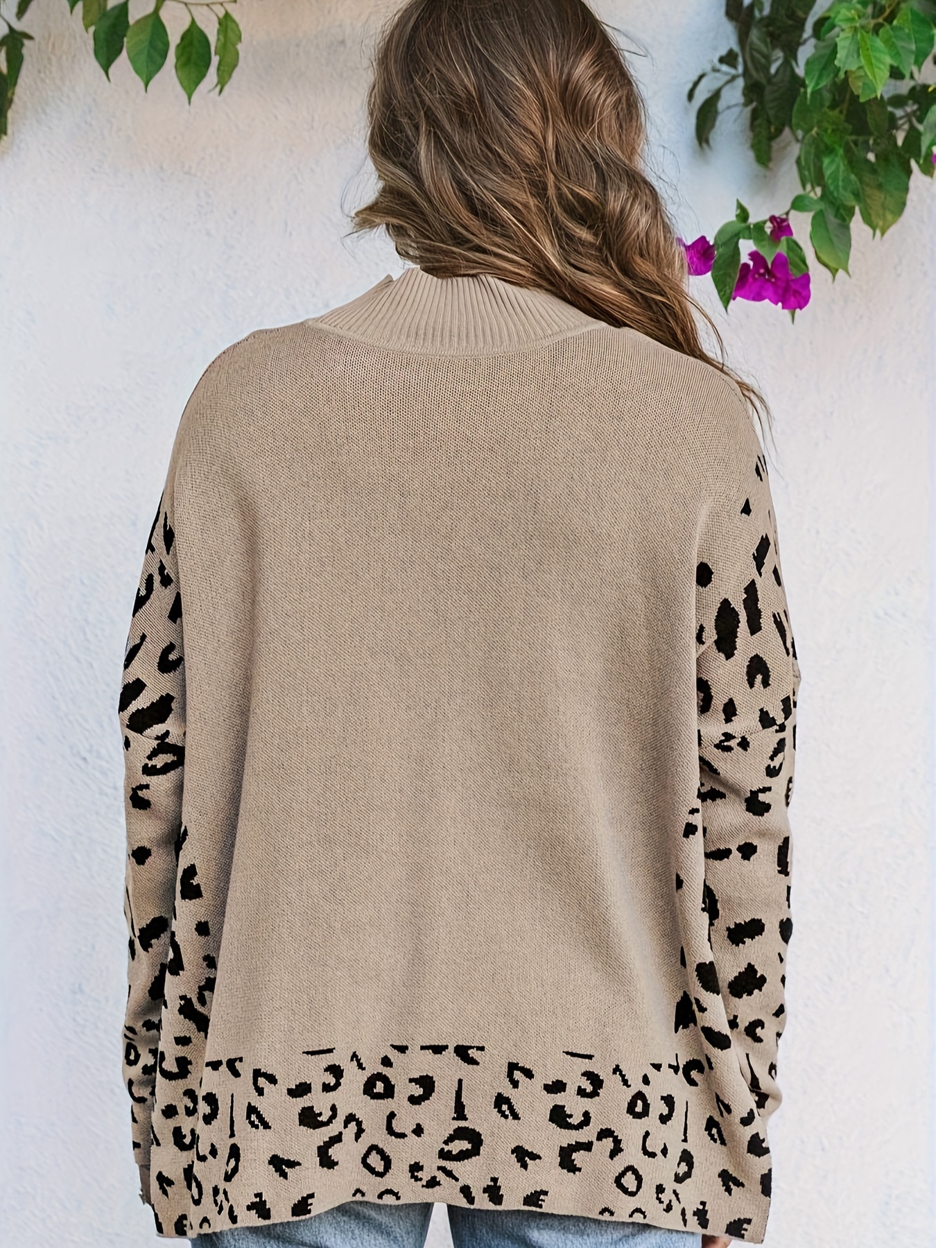 plus size leopard pattern crew neck sweater casual split long sleeve sweater for fall winter womens plus size clothing details 2