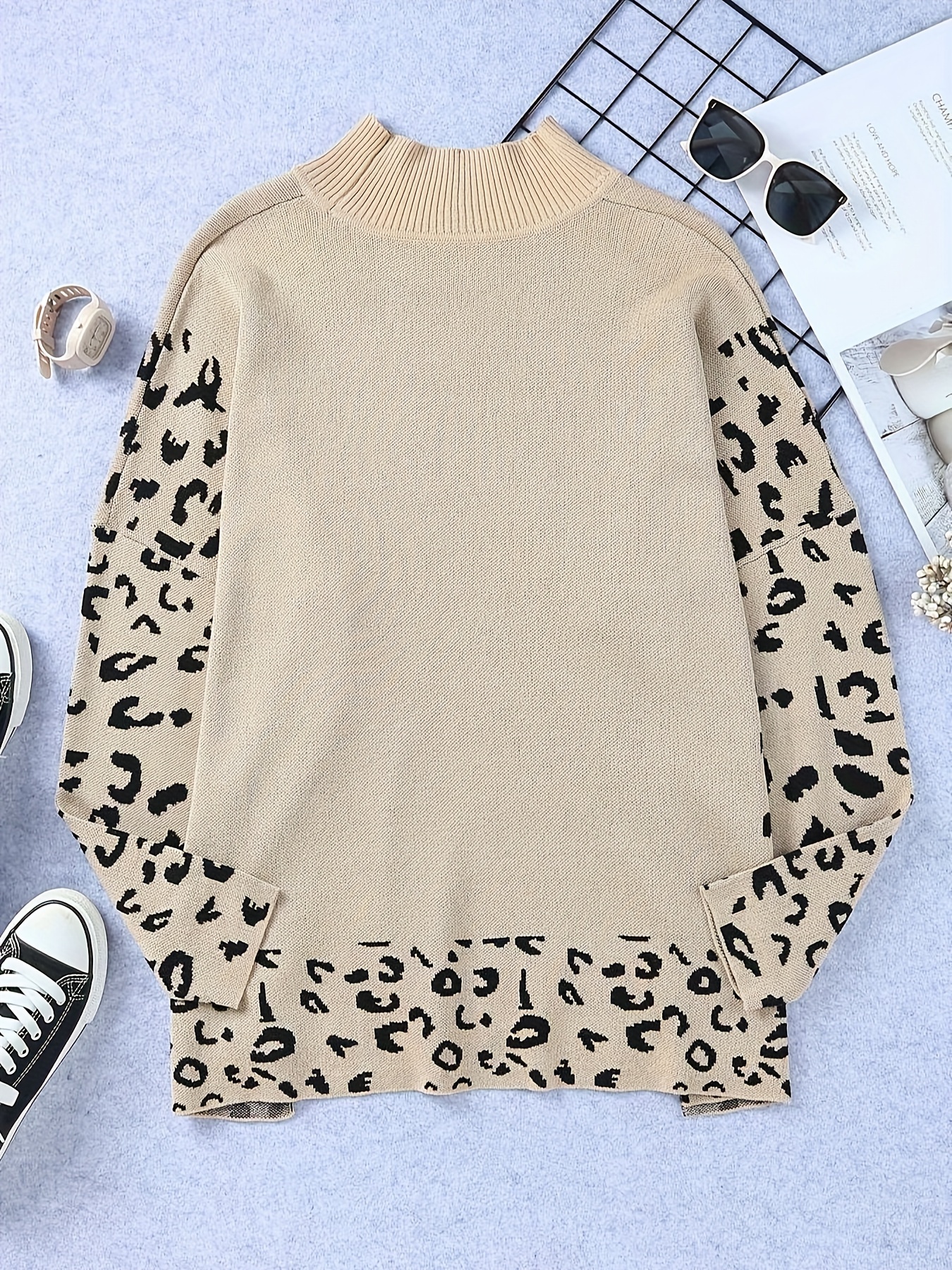 plus size leopard pattern crew neck sweater casual split long sleeve sweater for fall winter womens plus size clothing details 3