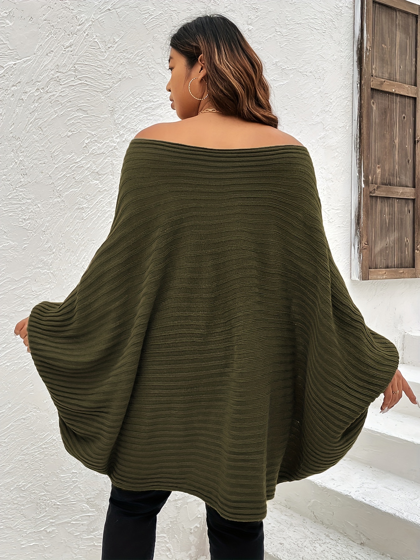 plus size rib knit off shoulder batwing sleeve loose fit sweater womens plus high stretch casual sweater details 0