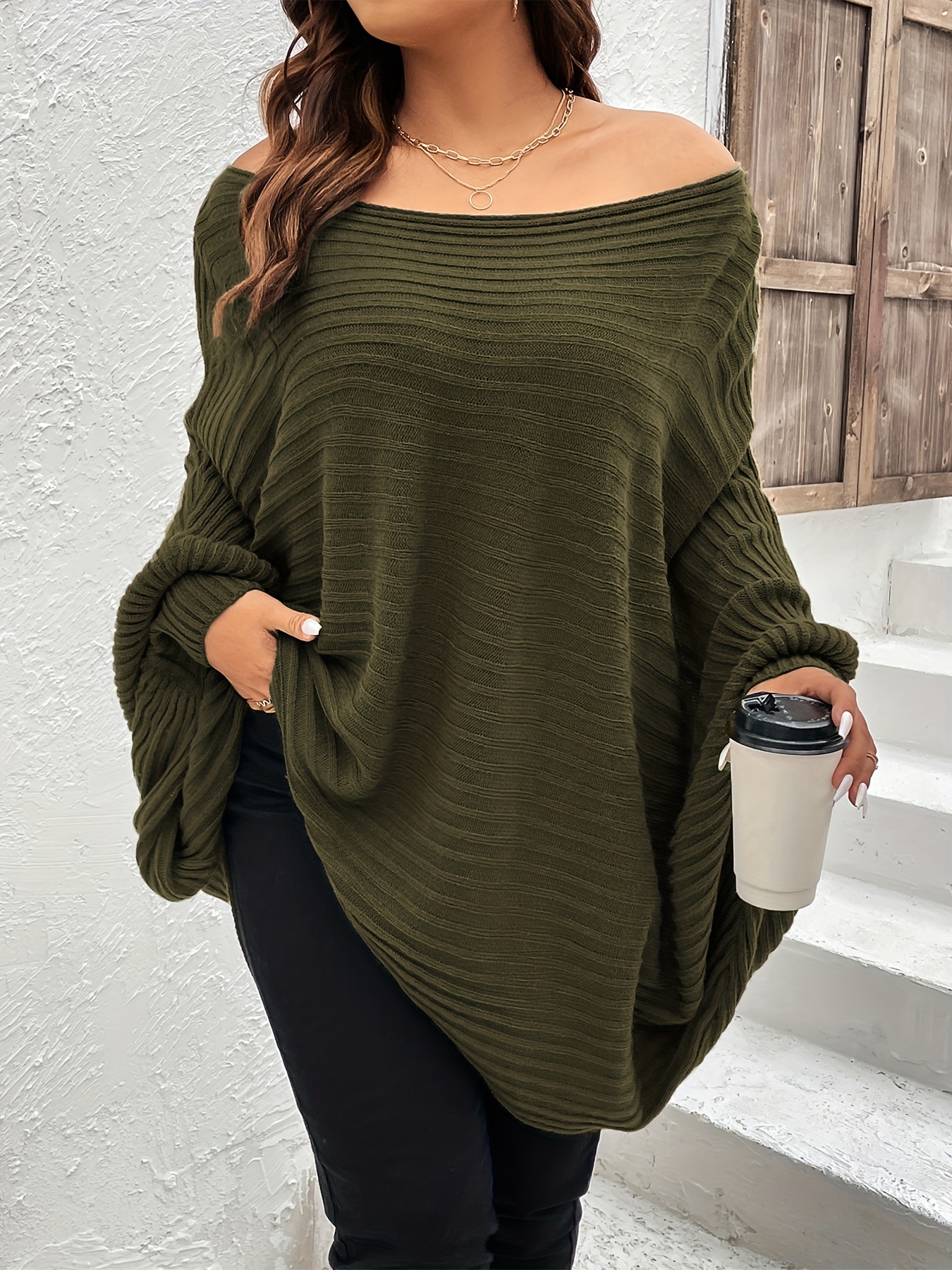 plus size rib knit off shoulder batwing sleeve loose fit sweater womens plus high stretch casual sweater details 1