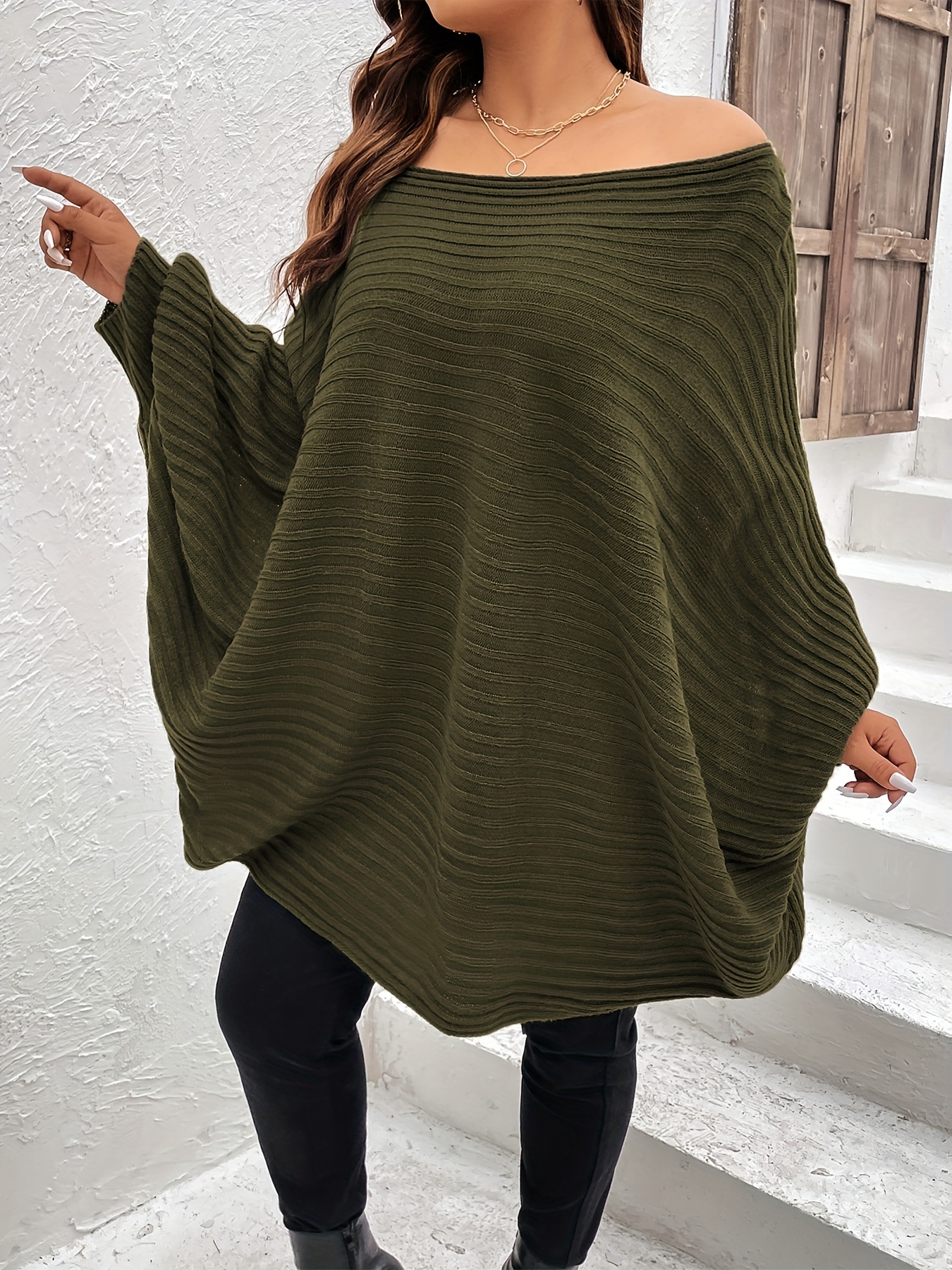 plus size rib knit off shoulder batwing sleeve loose fit sweater womens plus high stretch casual sweater details 2