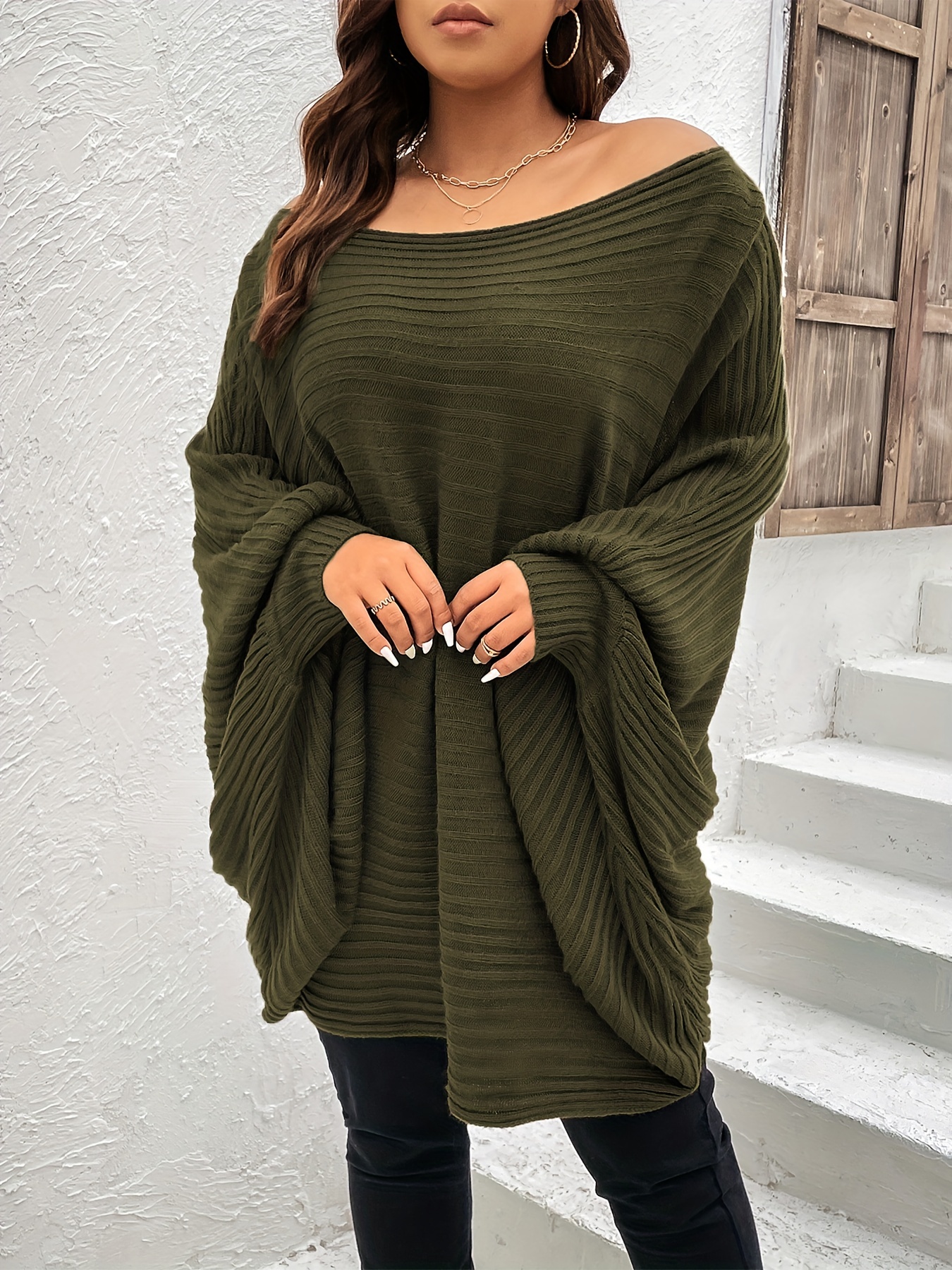 plus size rib knit off shoulder batwing sleeve loose fit sweater womens plus high stretch casual sweater details 3