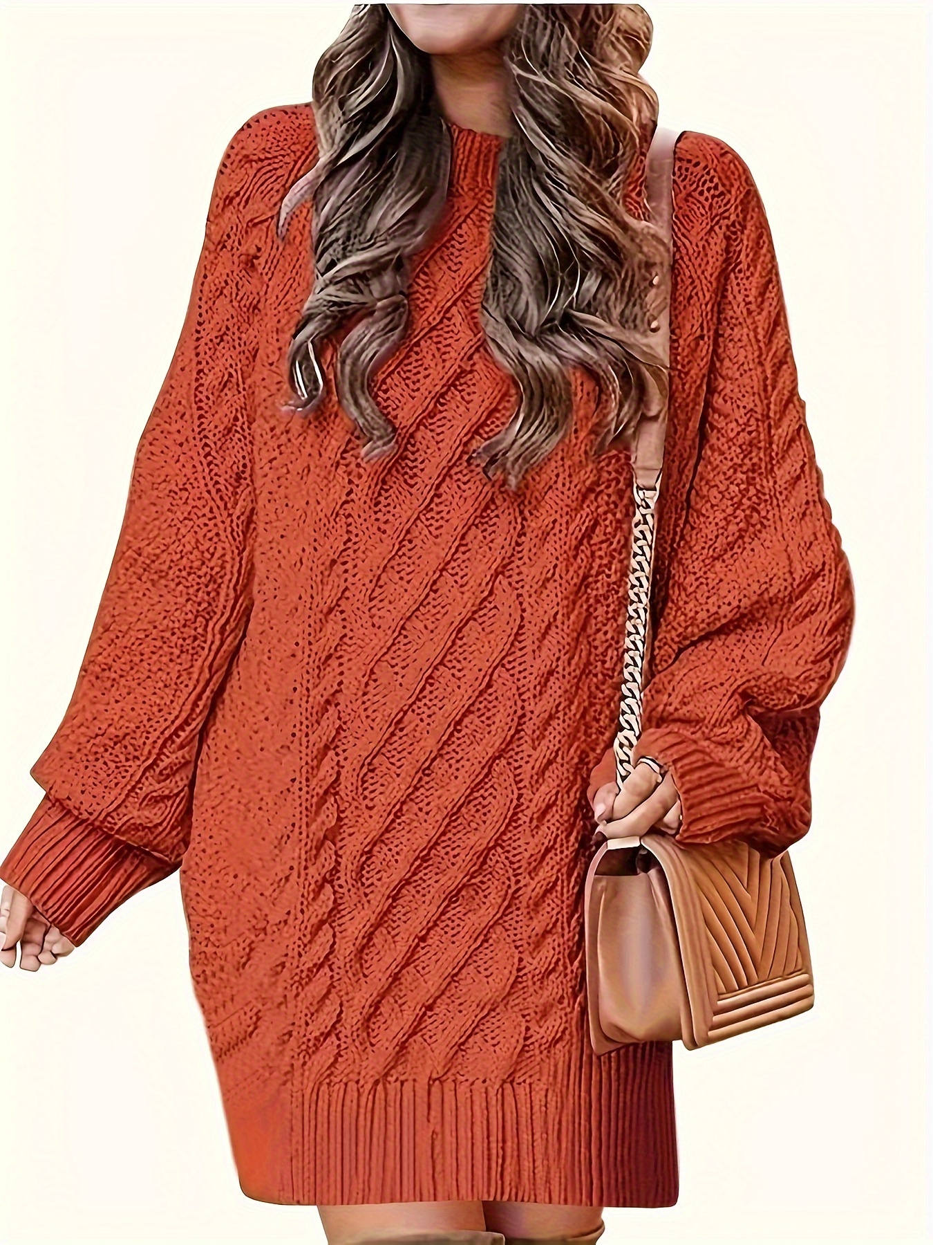 plus size solid cable knit sweater dress casual long sleeve crew neck loose fit sweater dress womens plus size clothing details 1