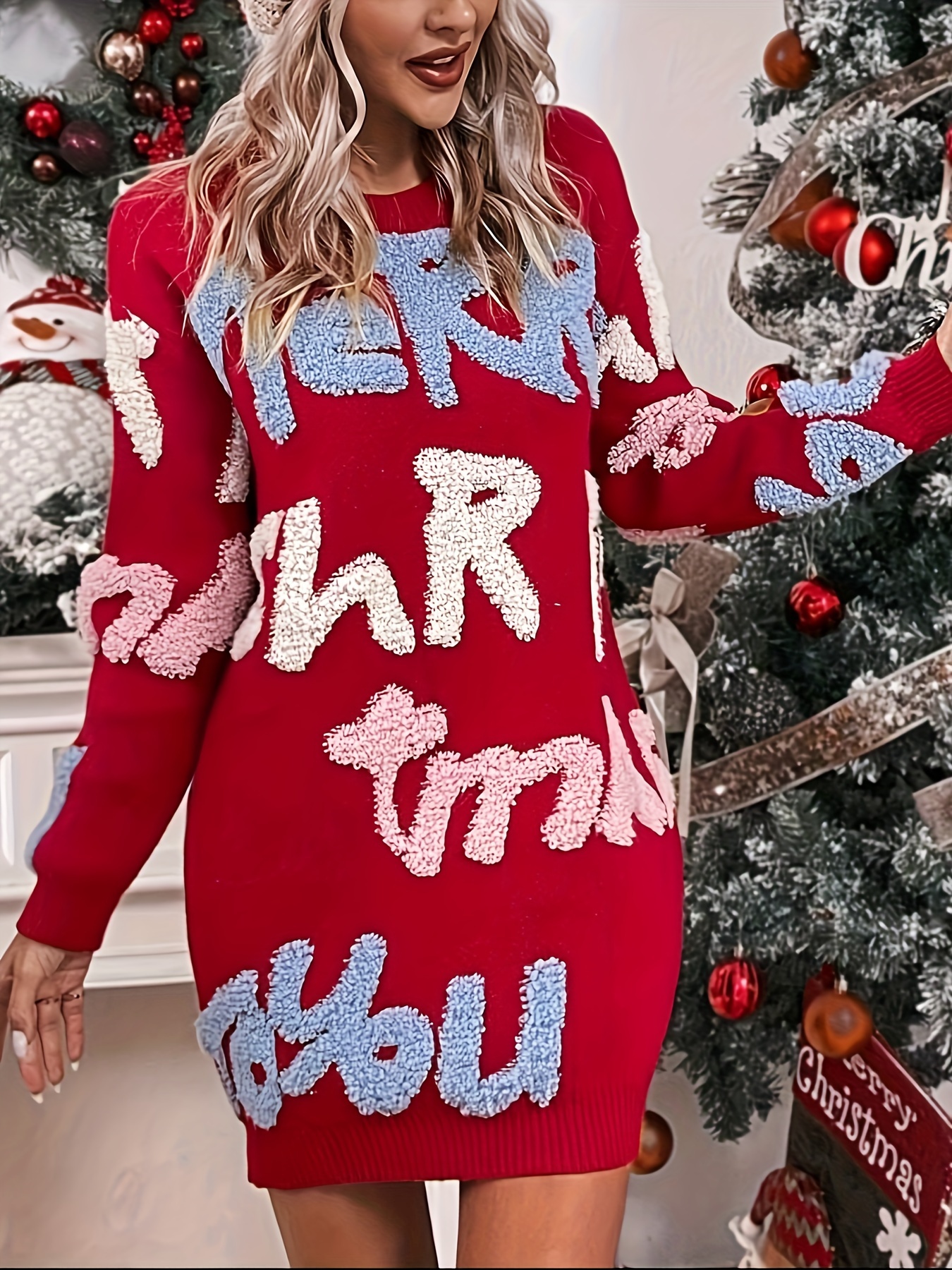 plus size letter pattern sweater dress casual long sleeve crew neck pullover sweater dress womens plus size clothing details 1