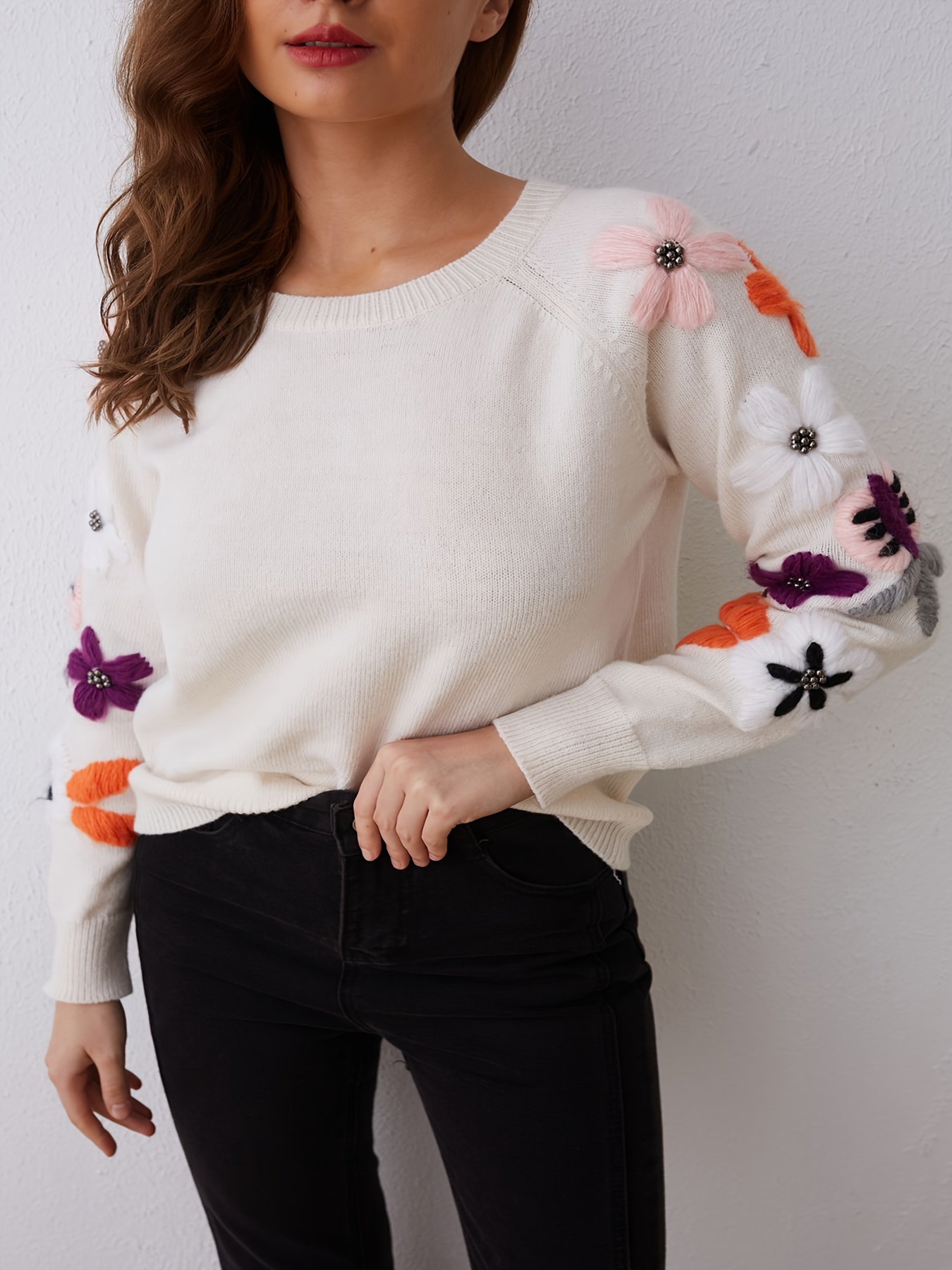 plus size floral print knit sweater casual long sleeve crew neck top for fall winter womens plus size clothing details 0