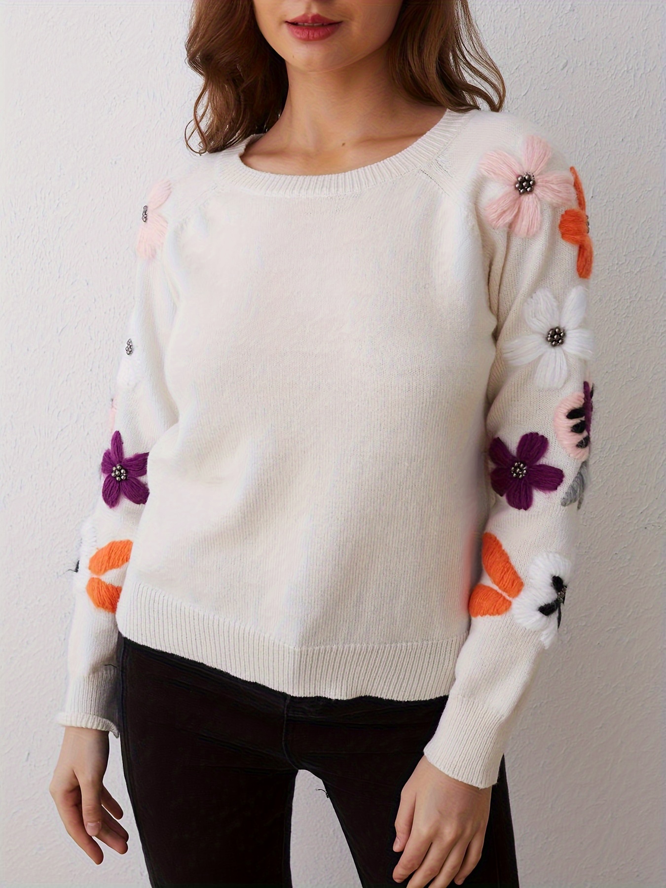 plus size floral print knit sweater casual long sleeve crew neck top for fall winter womens plus size clothing details 3