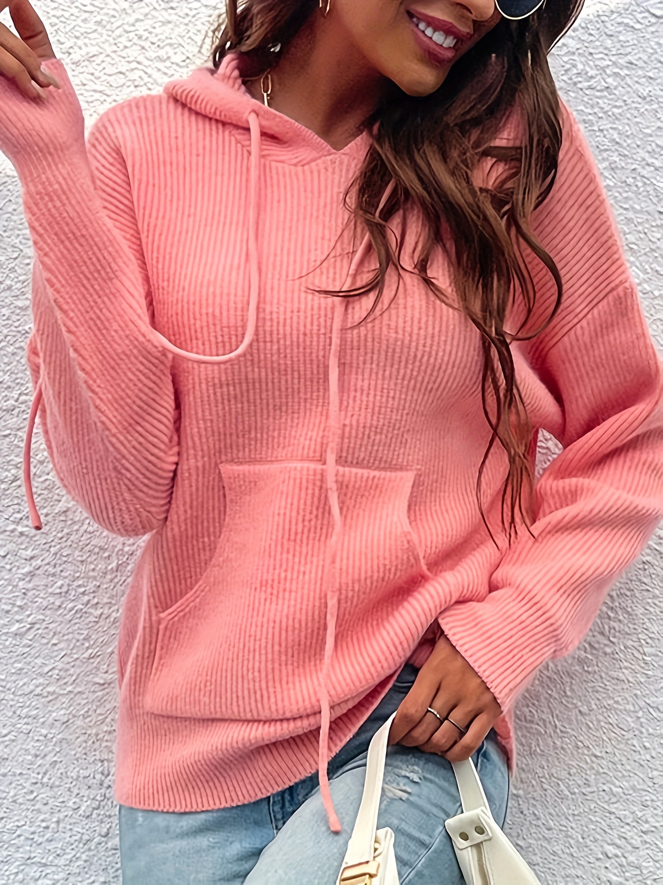 plus size ribbed solid pocket knit sweater casual long sleeve hooded sweater for fall winter womens plus size clothing details 0