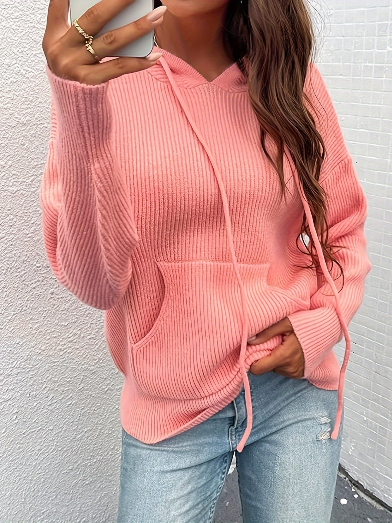 plus size ribbed solid pocket knit sweater casual long sleeve hooded sweater for fall winter womens plus size clothing details 1