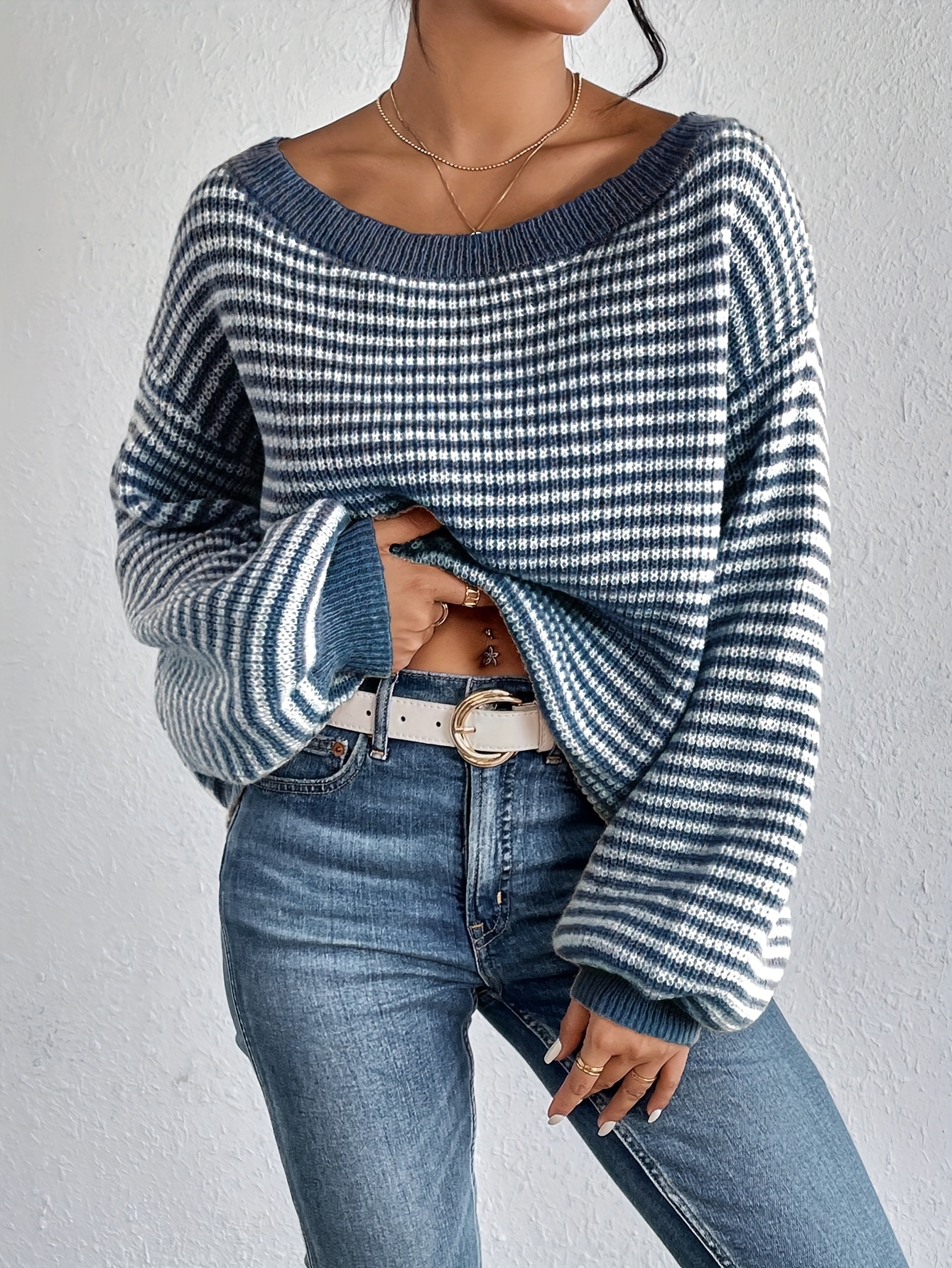 Plus Size Striped Pattern Knitted Sweater, Stylish Casual Long Sleeve Pullover Sweater For Fall & Winter, Women s Plus Size Clothing details 0