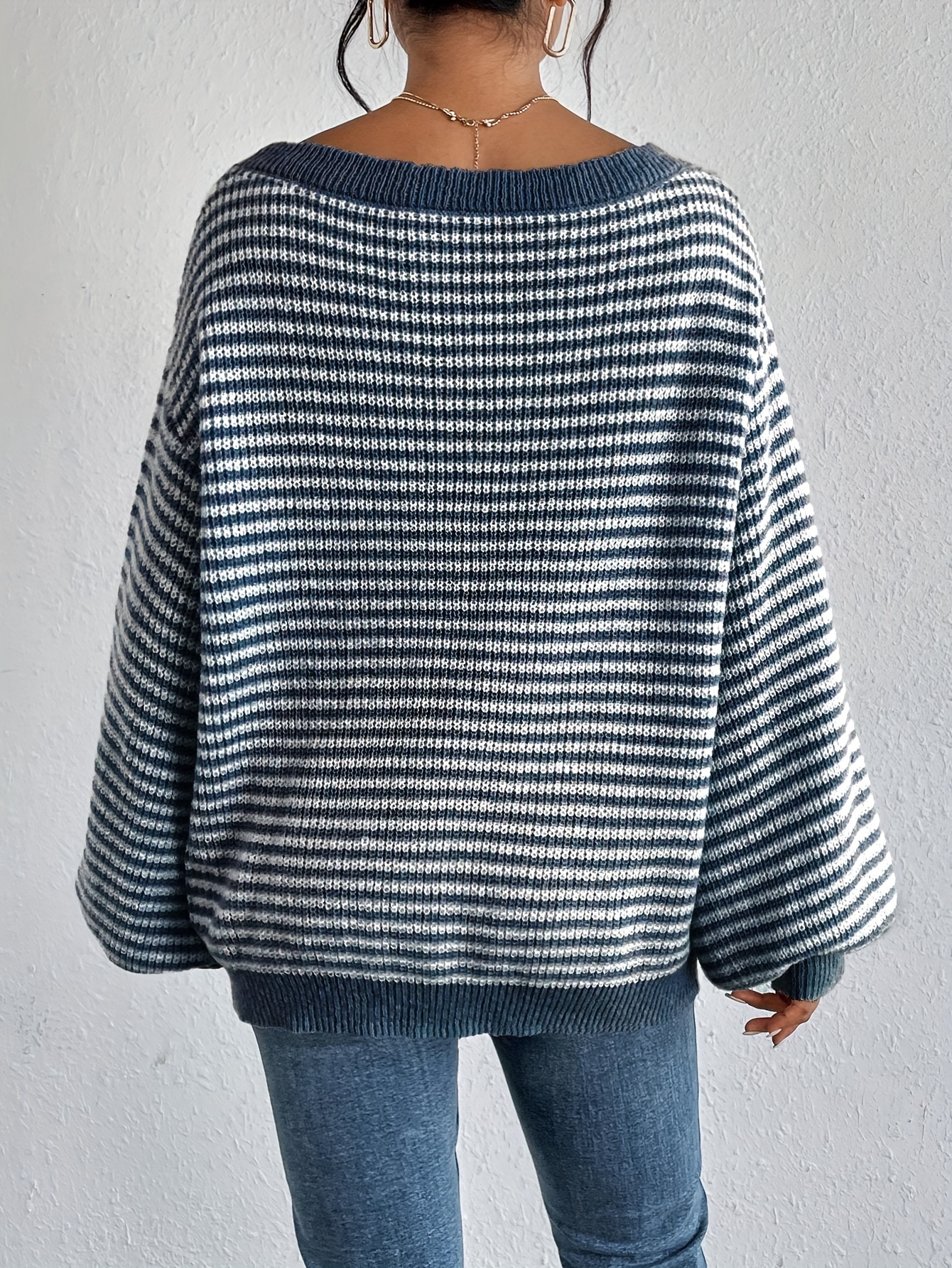 Plus Size Striped Pattern Knitted Sweater, Stylish Casual Long Sleeve Pullover Sweater For Fall & Winter, Women s Plus Size Clothing details 3