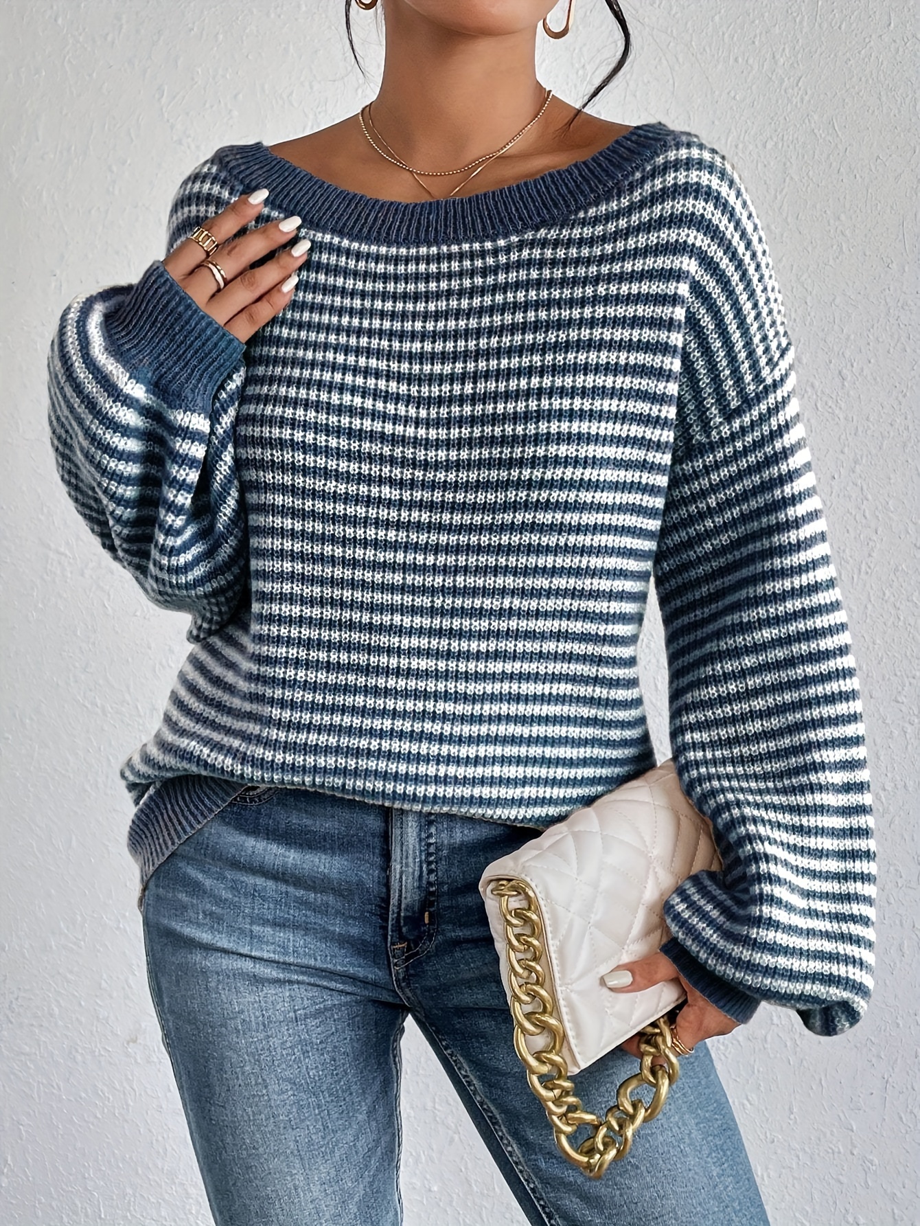 Plus Size Striped Pattern Knitted Sweater, Stylish Casual Long Sleeve Pullover Sweater For Fall & Winter, Women s Plus Size Clothing details 4