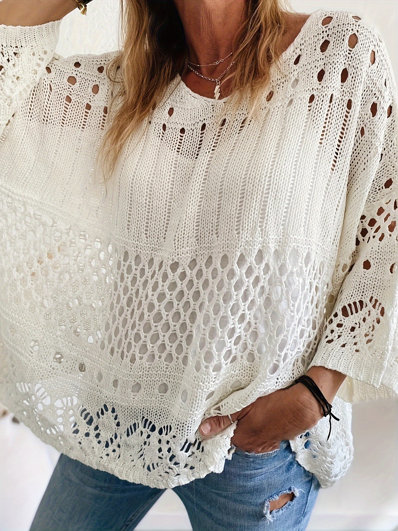 plus size solid cut out knitted top casual crew neck 3 4 sleeve top womens plus size clothing details 1