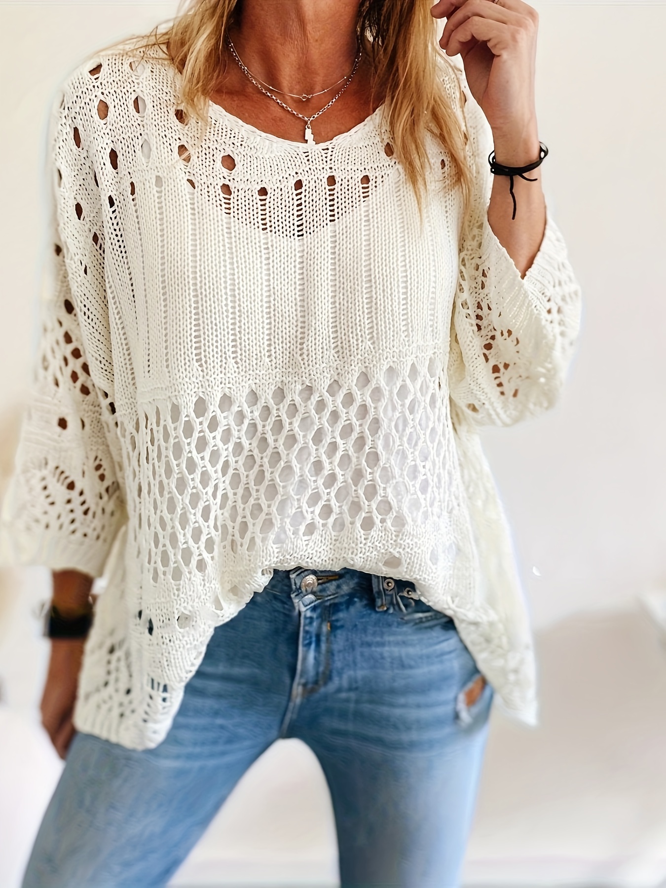 plus size solid cut out knitted top casual crew neck 3 4 sleeve top womens plus size clothing details 4