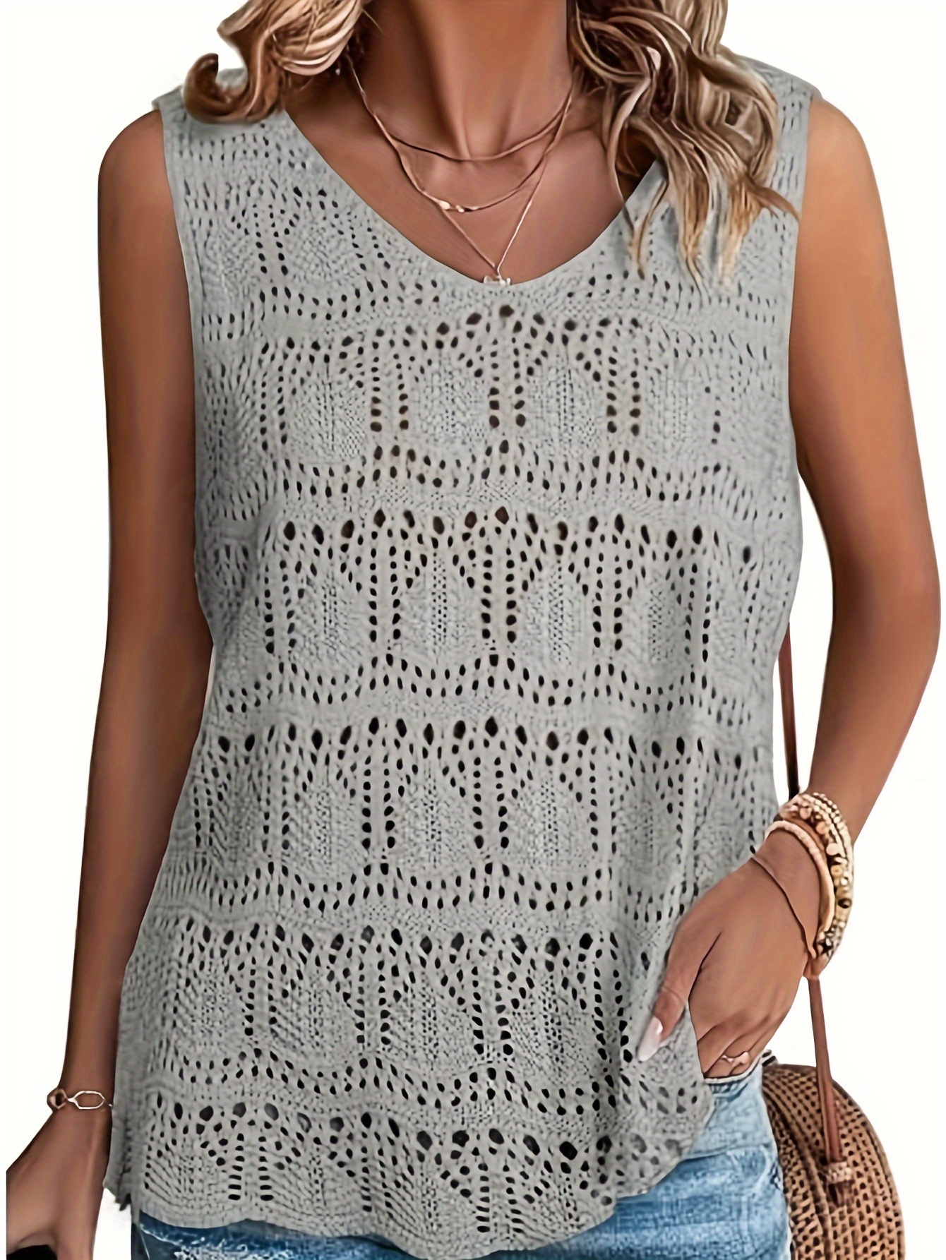 plus size solid hollow out knitted tank top casual crochet sleeveless v neck dress for spring summer womens plus size clothing details 13