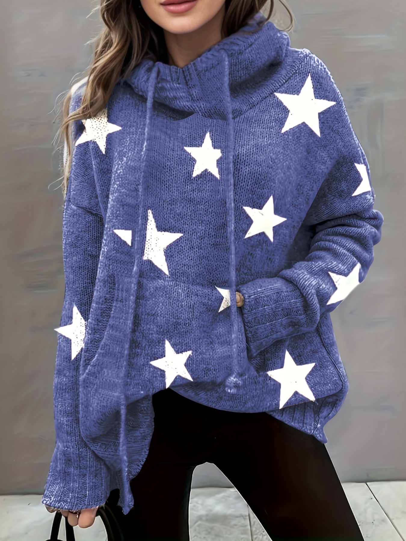 plus size casual sweater womens plus star print long sleeve drawstring hoodie sweater with pockets details 2